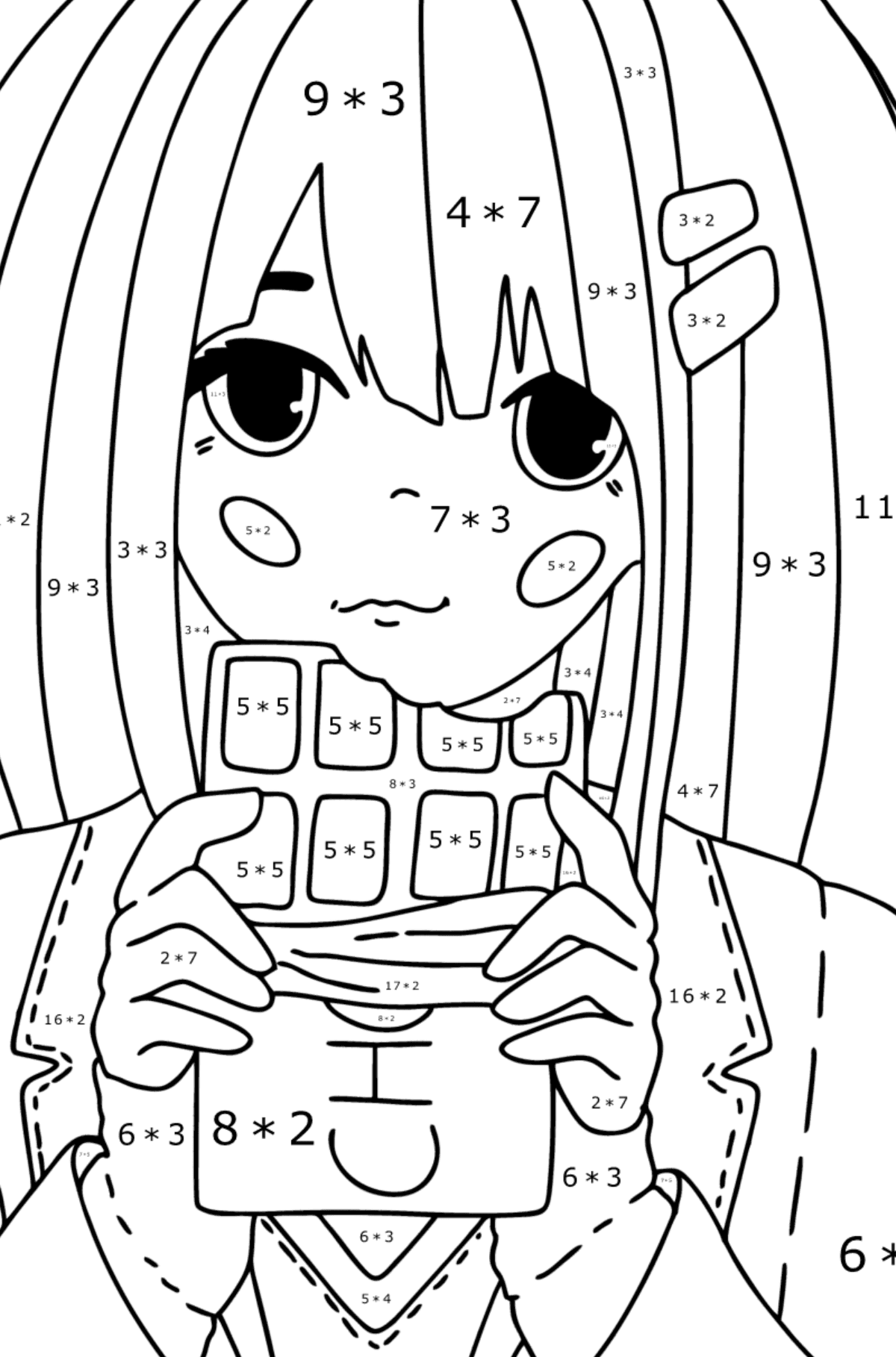 Viehättävä anime tyttö värityskuva - Matemaattinen Värityskirja - Kertolasku lapsille