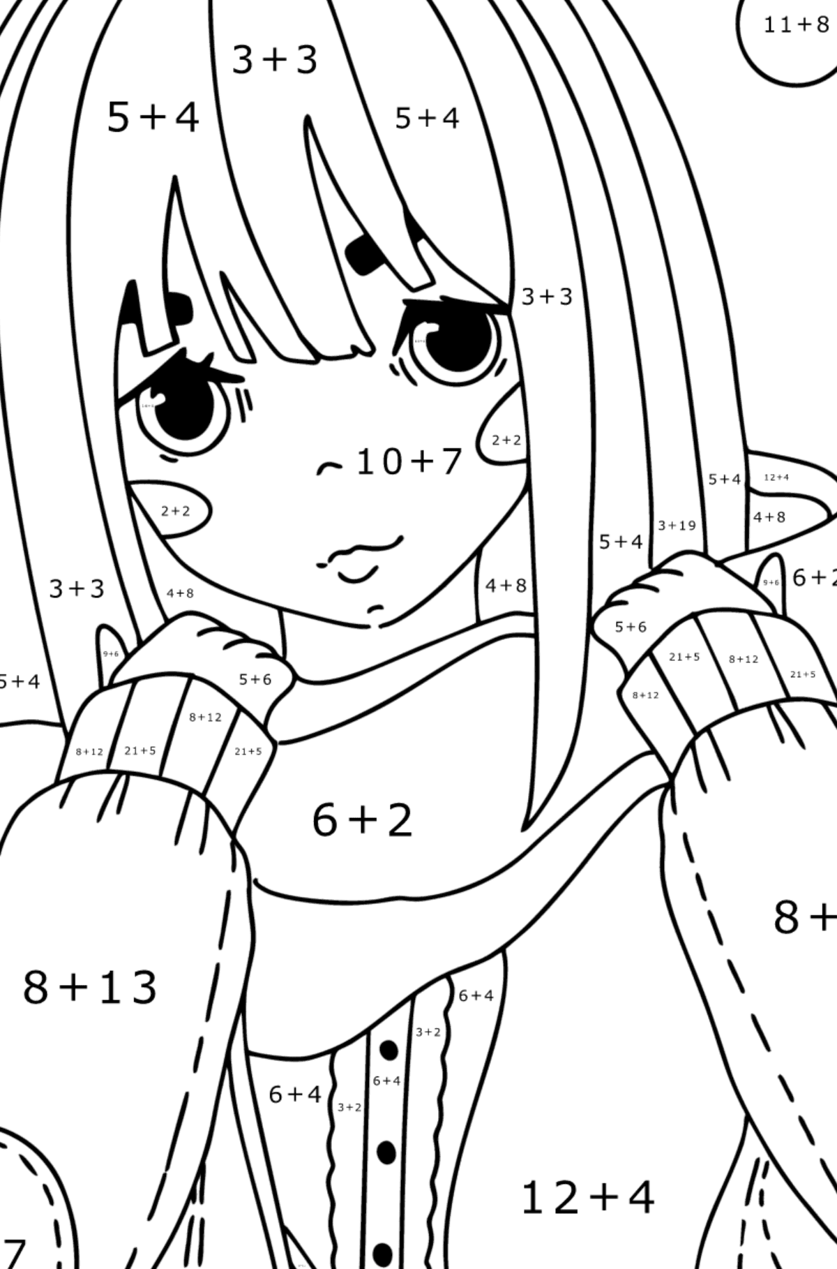 Розмальовка крута дівчина аніме - Математична Розмальовка Додавання для дітей