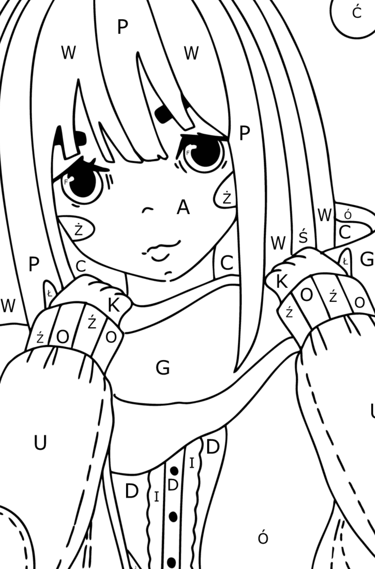 Fajna dziewczyna anime kolorowanka - Kolorowanki wedlug liter dla dzieci