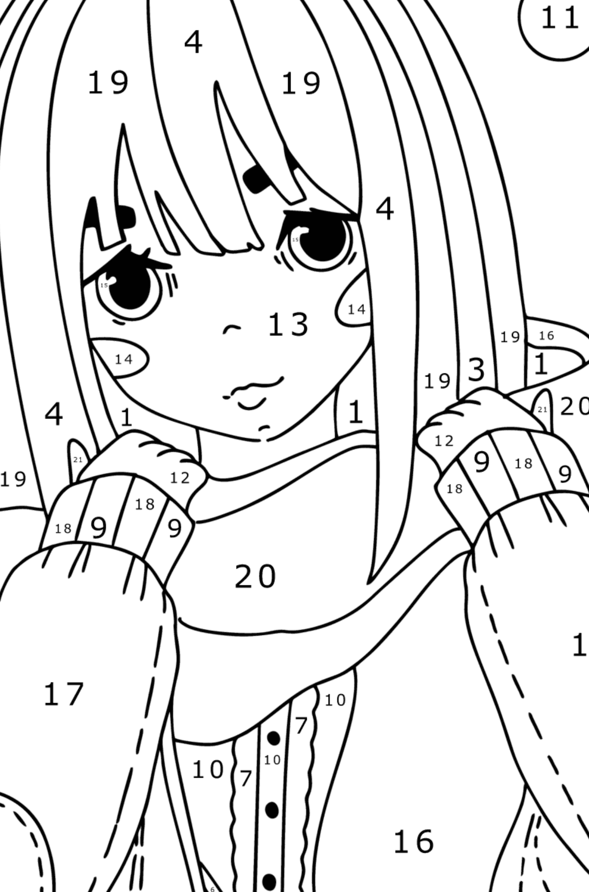 Cool anime tyttö värityssivu - Väritys numeroiden mukaan lapsille
