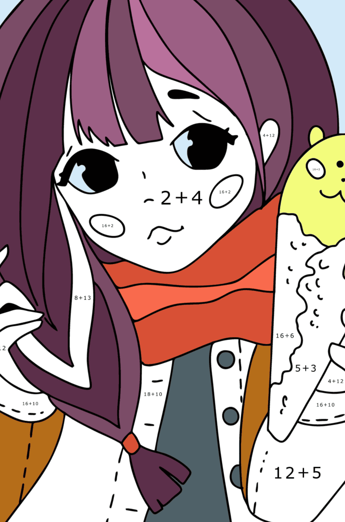 Pen anime jente tegning til fargelegging - Matematisk fargeleggingsside - addisjon for barn