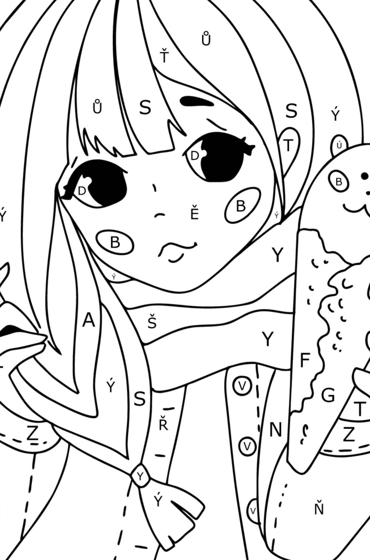 Hezká anime dívka omalovánka - Omalovánka podle Písmen pro děti