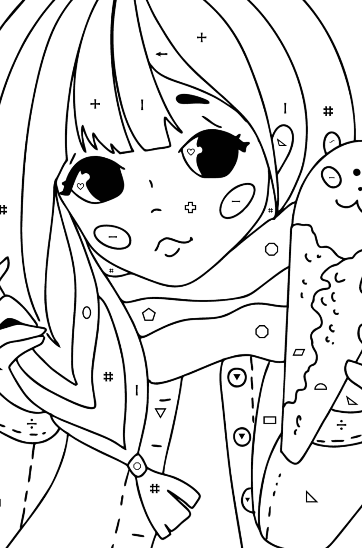 Kolorowanka Ładna dziewczyna anime - Kolorowanie według symboli i figur geometrycznych dla dzieci