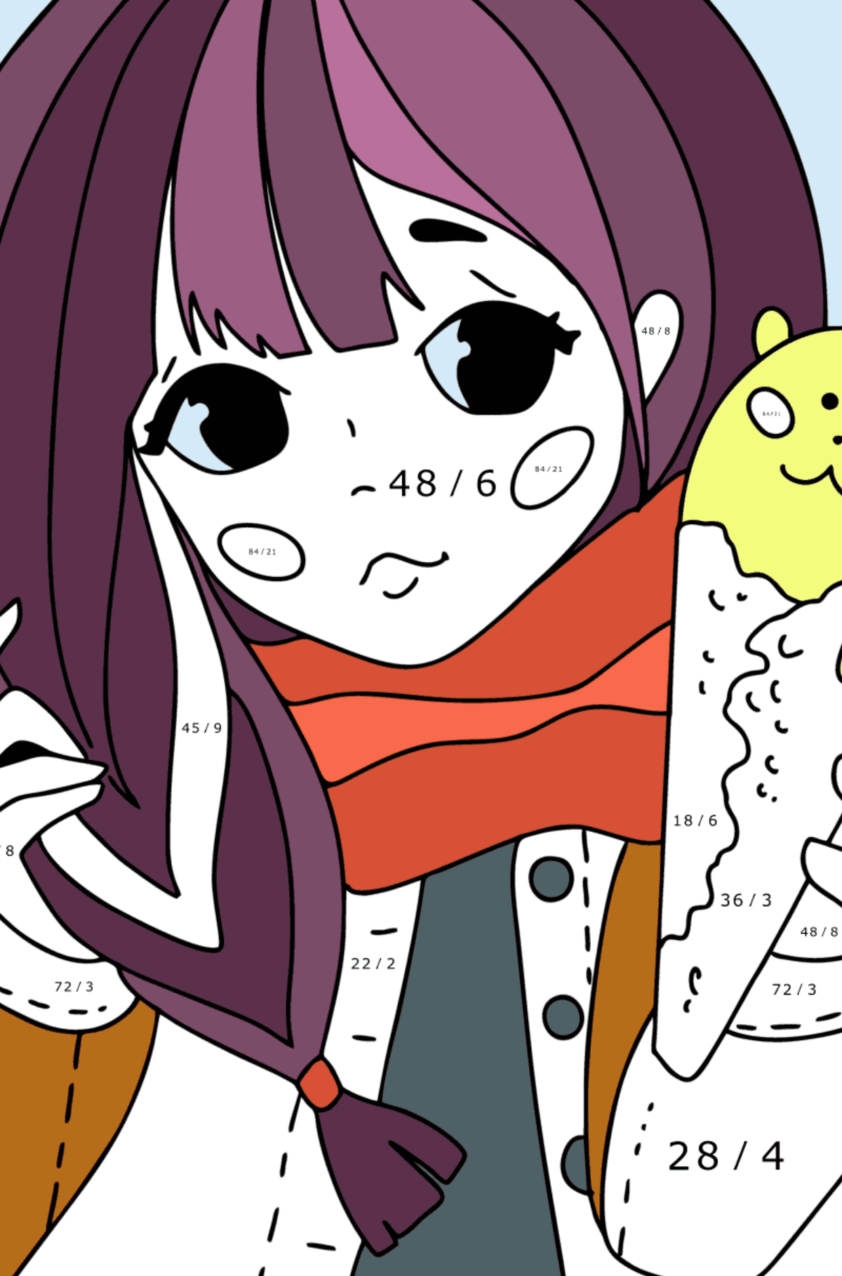 Desenho de uma linda garota de anime para colorir - Colorindo com Matemática - Divisão para Crianças