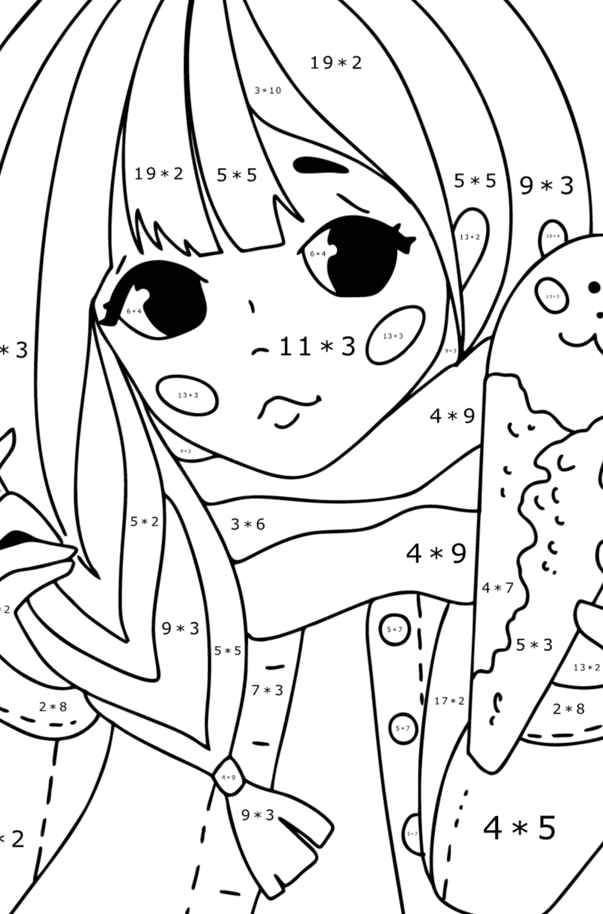 Hübsches Anime-Mädchen zum Ausmalen - Mathe Ausmalbilder - Multiplikation für Kinder