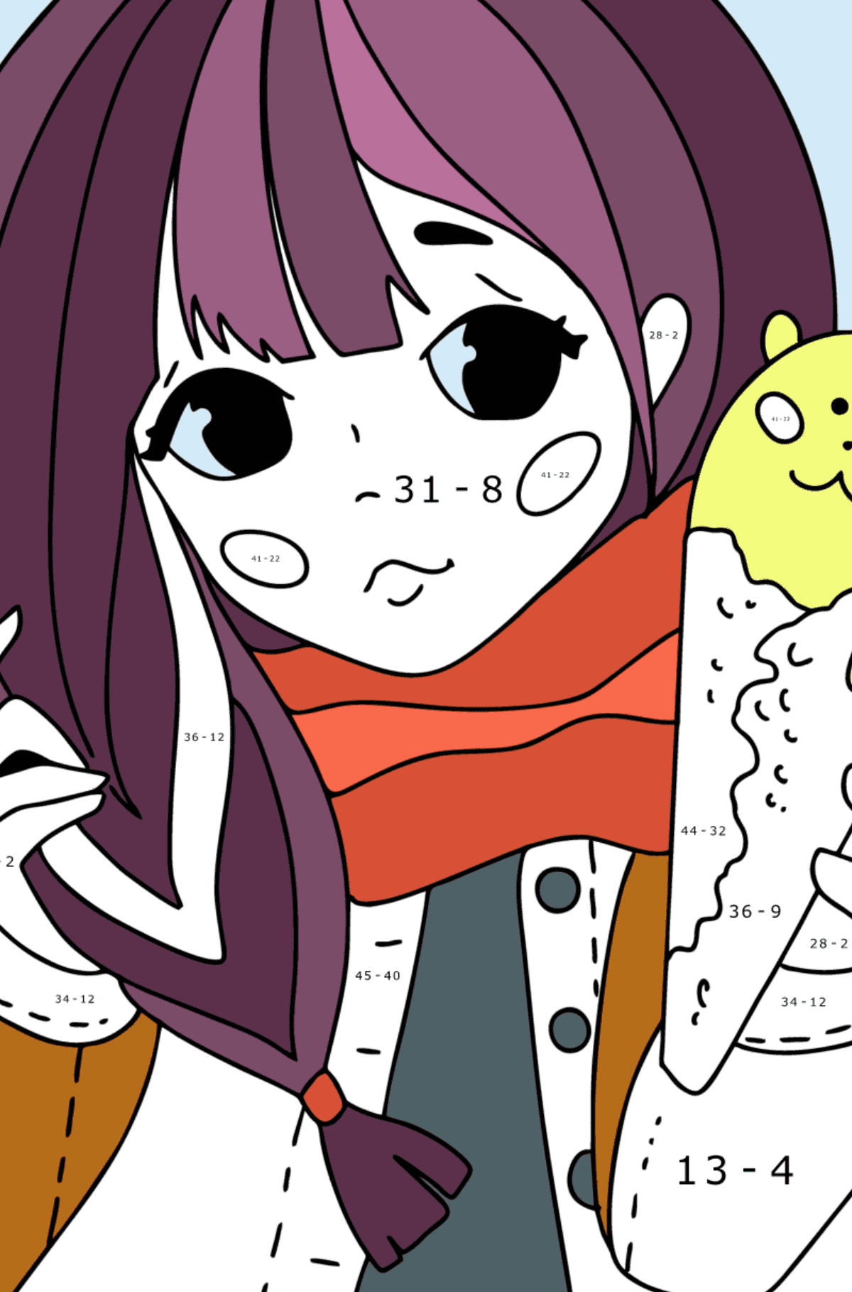 Coloriage Fille Animé jolie - Coloriage Magique Soustraction pour les Enfants