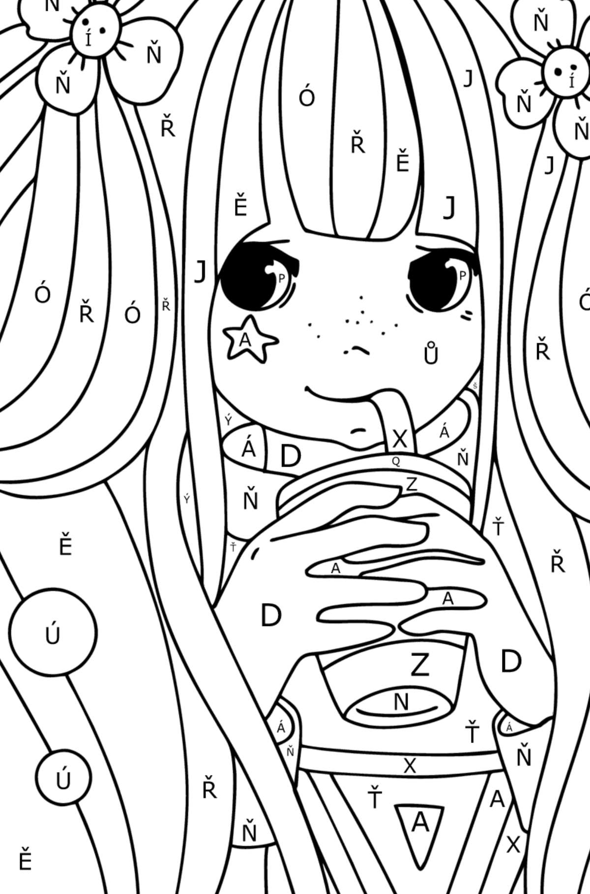 Móda Dívka anime malovánka - Omalovánka podle Písmen pro děti