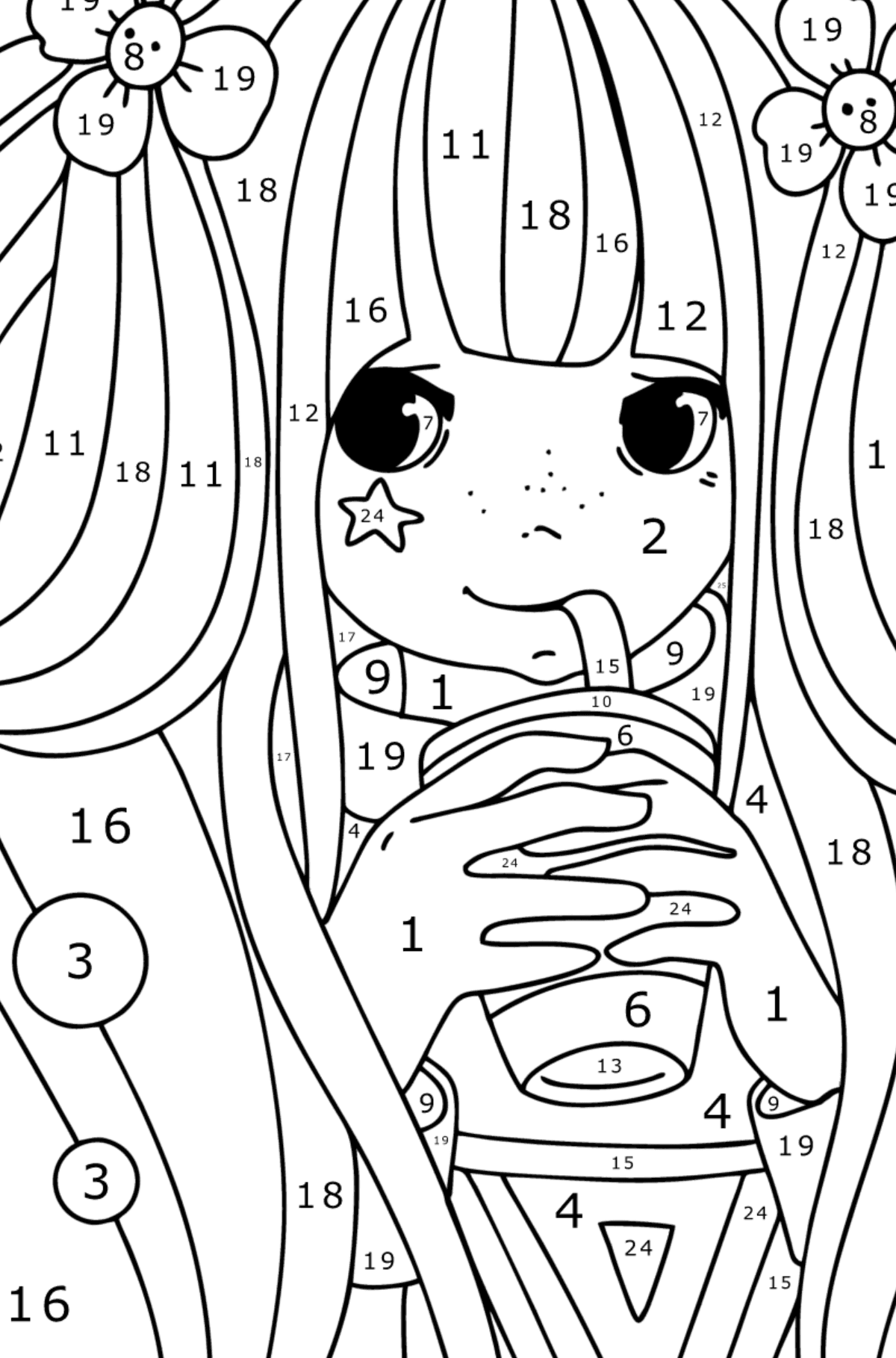 Fată anime fashionista desen de colorat - Desen de colorat după Număr pentru copii