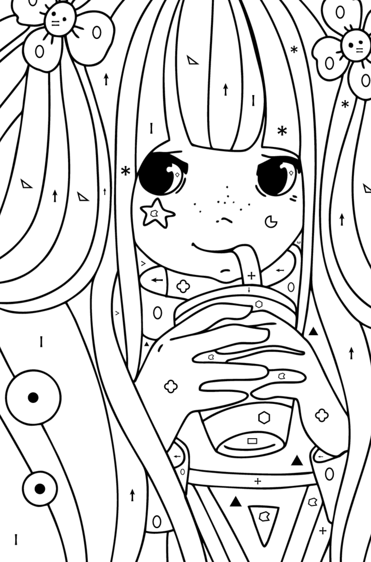 Móda Dívka anime malovánka - Omalovánka podle Symbolů a Geometrickým Tvarům pro děti