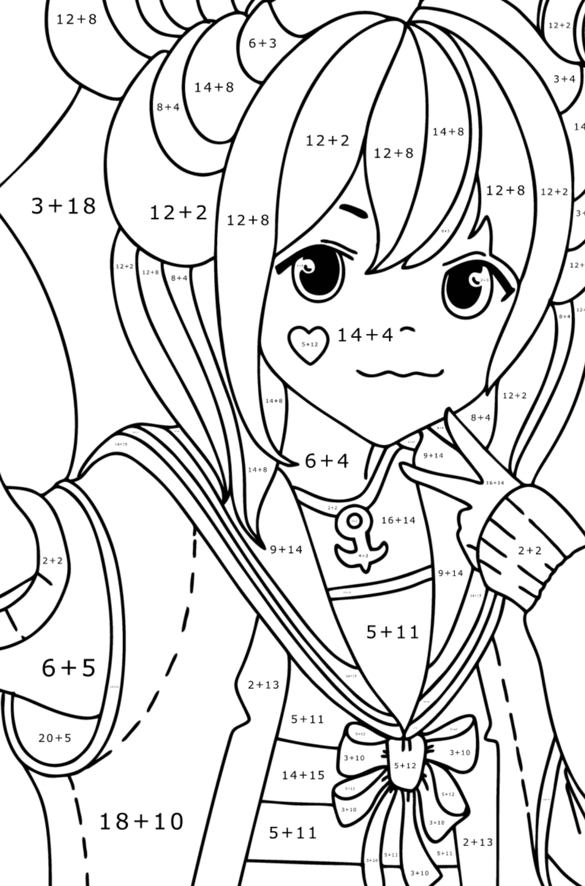 Anime koulun tyttö värityskuva - Matemaattinen Väritys - Yhteenlasku lapsille