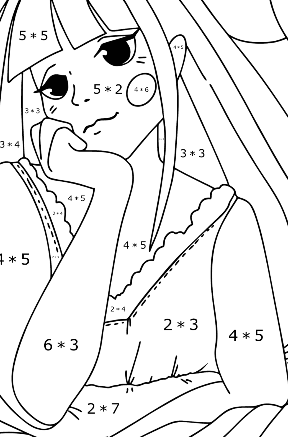 Teini-ikäinen anime tyttö värityskuva - Matemaattinen Värityskirja - Kertolasku lapsille