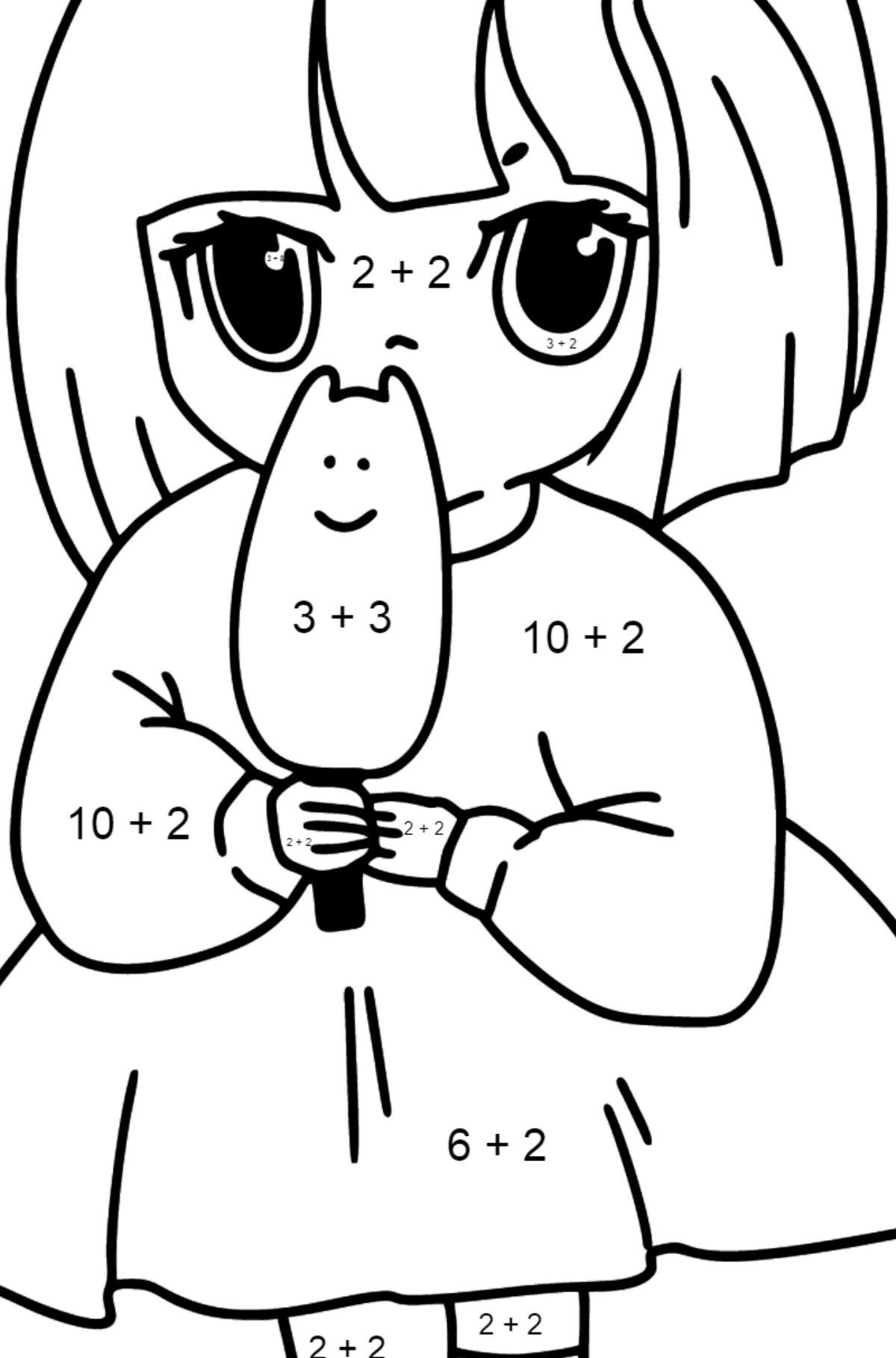 Anime Mädchen mit Eis Malvorlagen - Mathe Ausmalbilder - Addition für Kinder