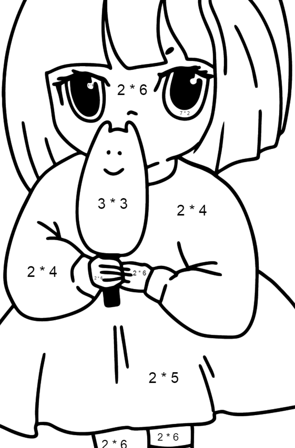 Anime Mädchen mit Eis Malvorlagen - Mathe Ausmalbilder - Multiplikation für Kinder