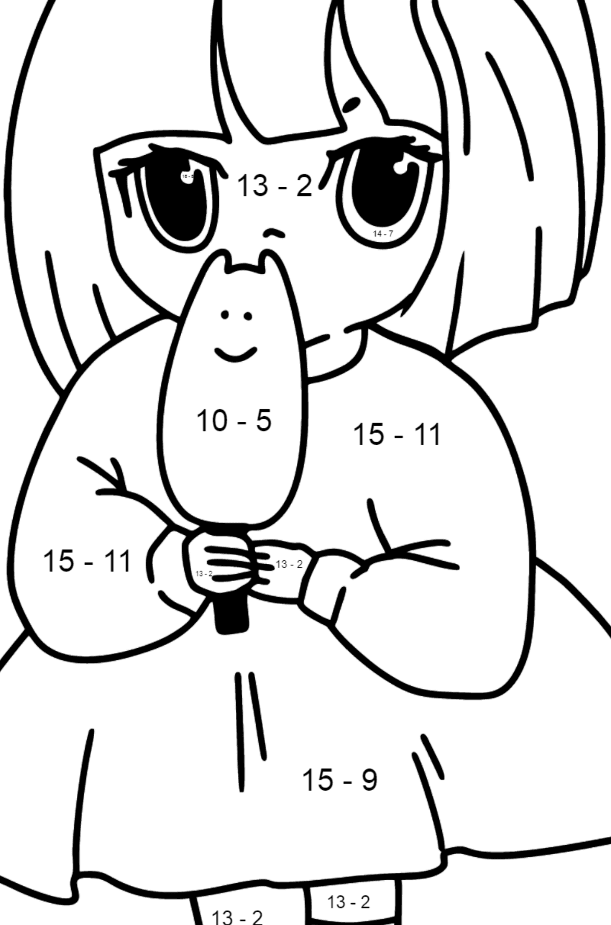 Kolorowanka Słodka dziewczyna z anime - Kolorowanki matematyczne odejmowanie dla dzieci