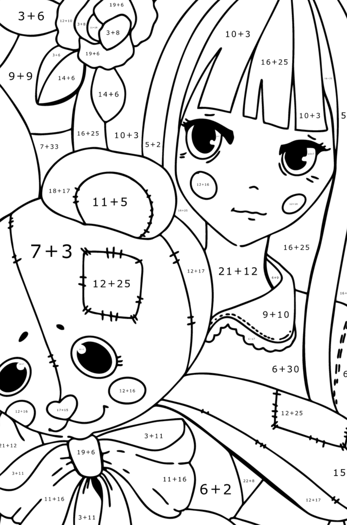 Anime lány kezében egy mackó Kifestő - Matematikai színezés - összeadás gyerekeknek