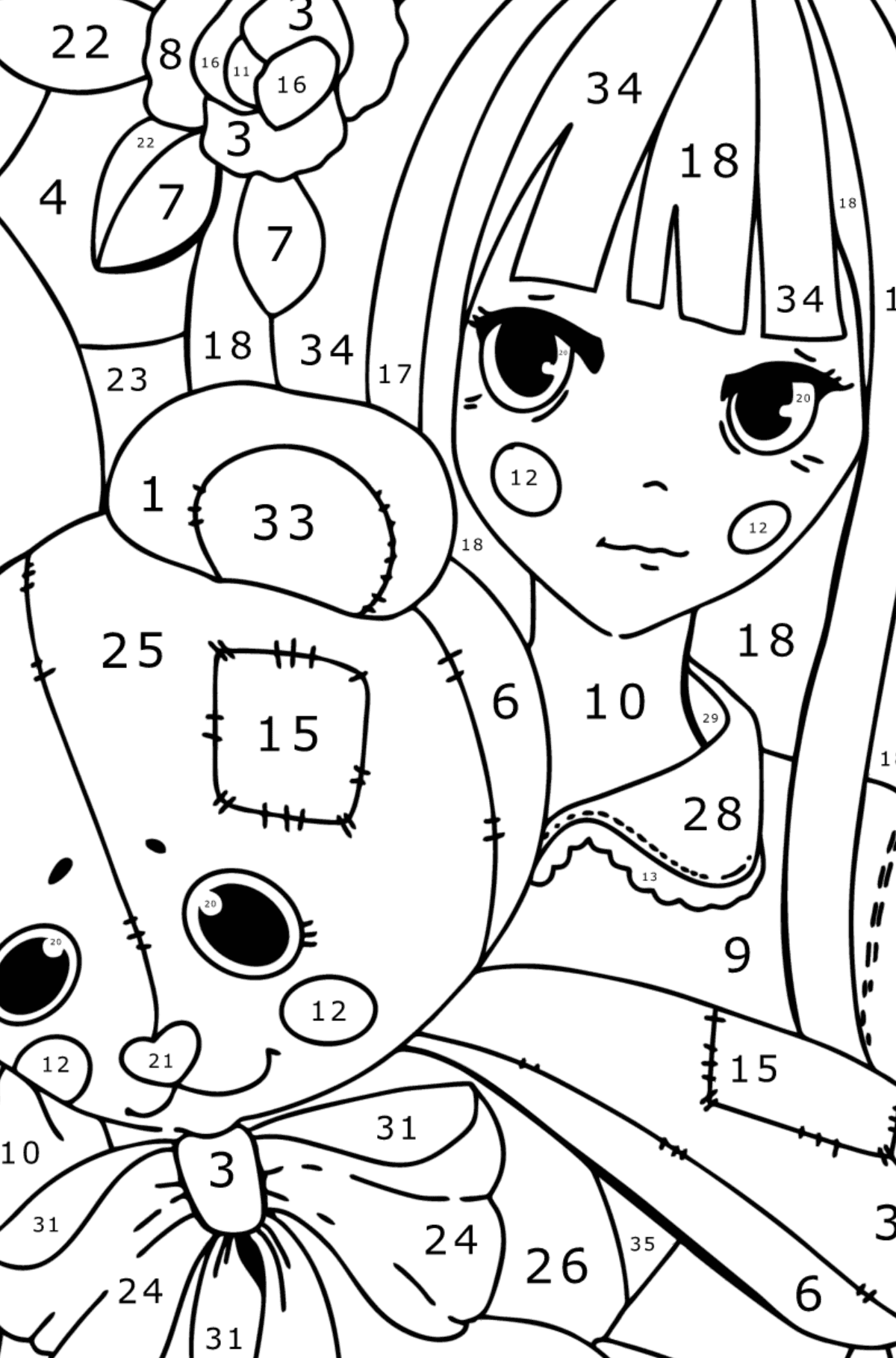 Anime girl coloring page holding a teddy - Coloring by Numbers for Kids