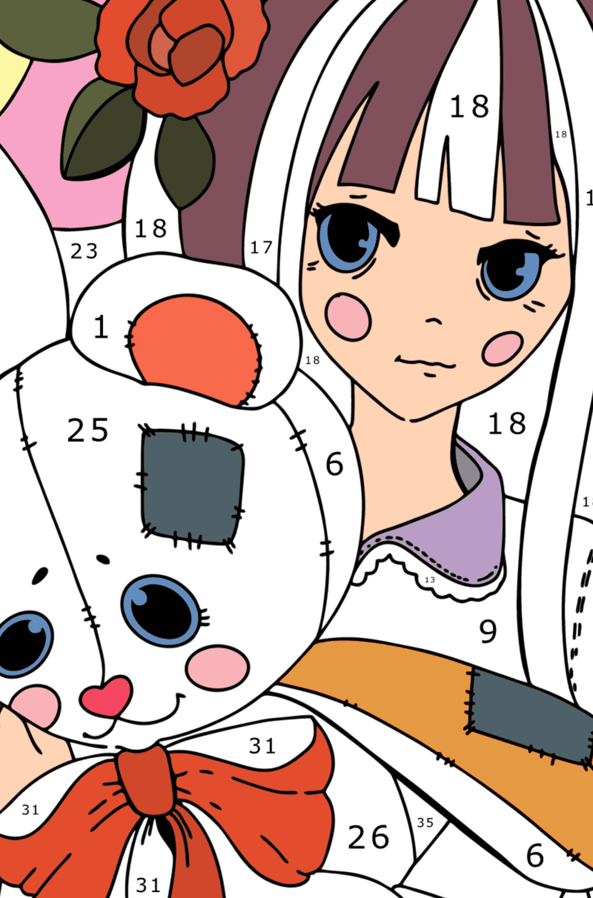 Malvorlagen Anime-Mädchen mit einem Teddy - Malen nach Zahlen für Kinder