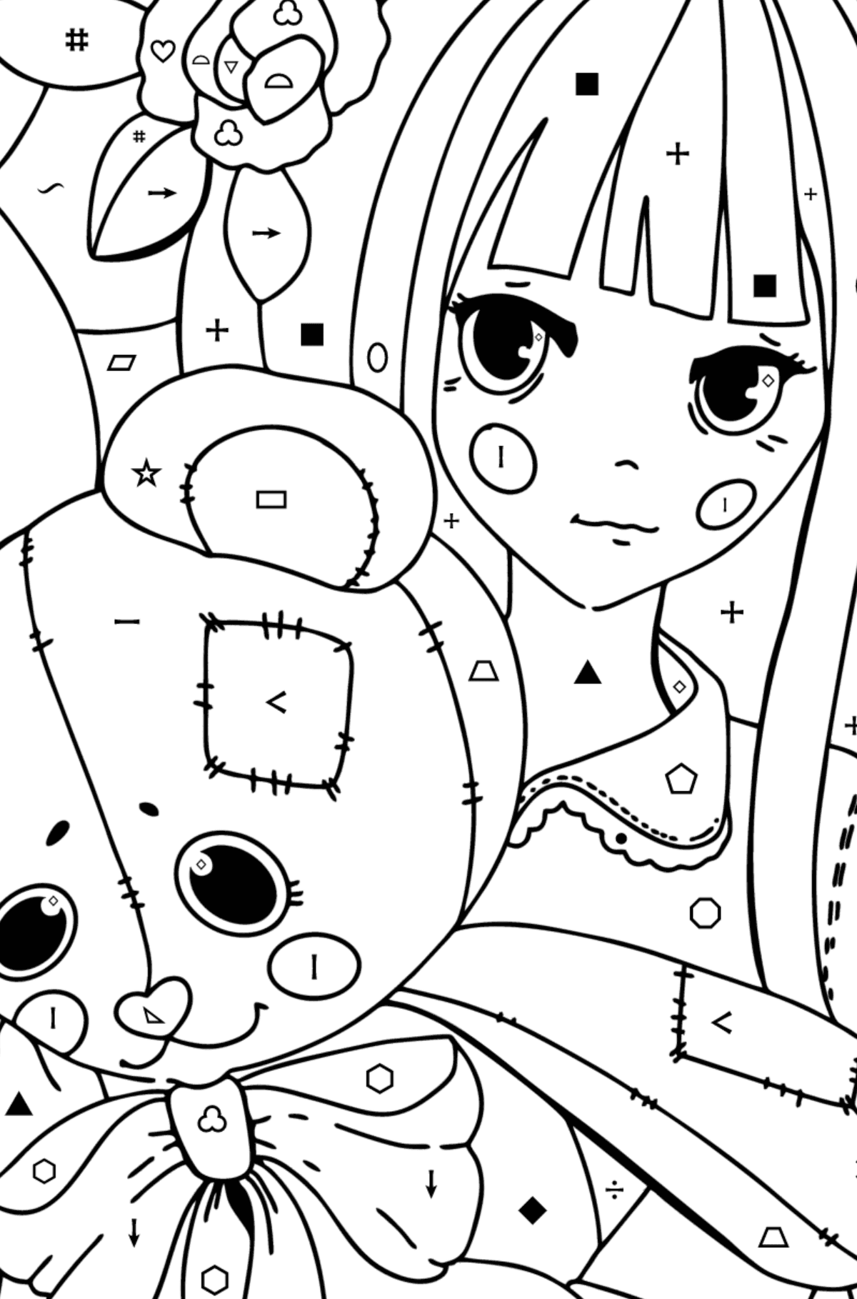 Anime lány kezében egy mackó Kifestő - Színezés szimbólumokkal és geometriai alakzatokkal gyerekeknek