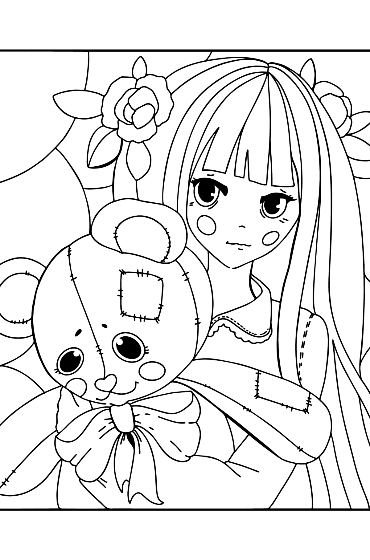 Розмальовка дівчина аніме тримає плюшевого ведмедя - Розмальовки для дітей