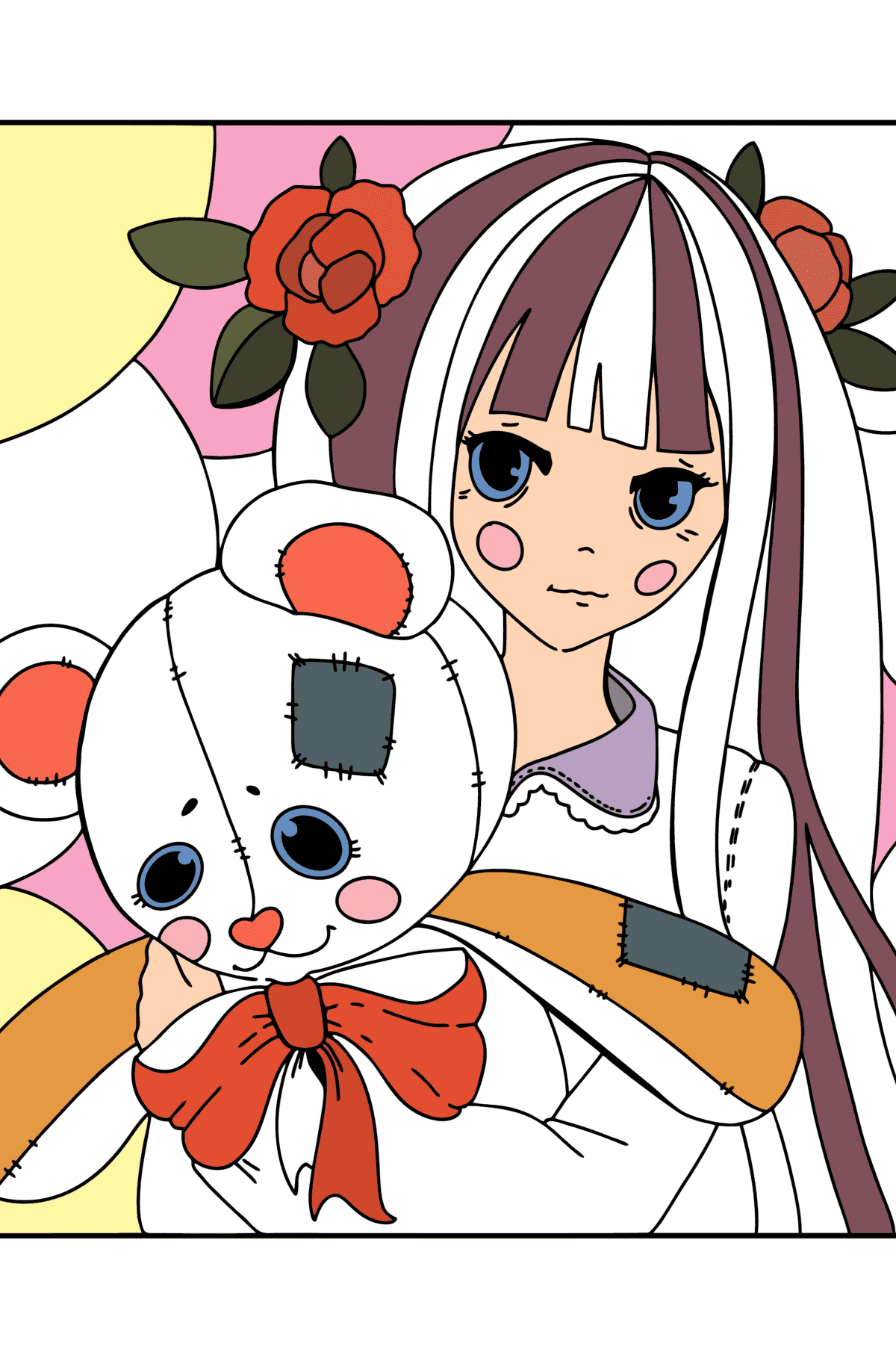 Anime tyttö pitelee nallea värityskuva - Värityskuvat lapsille