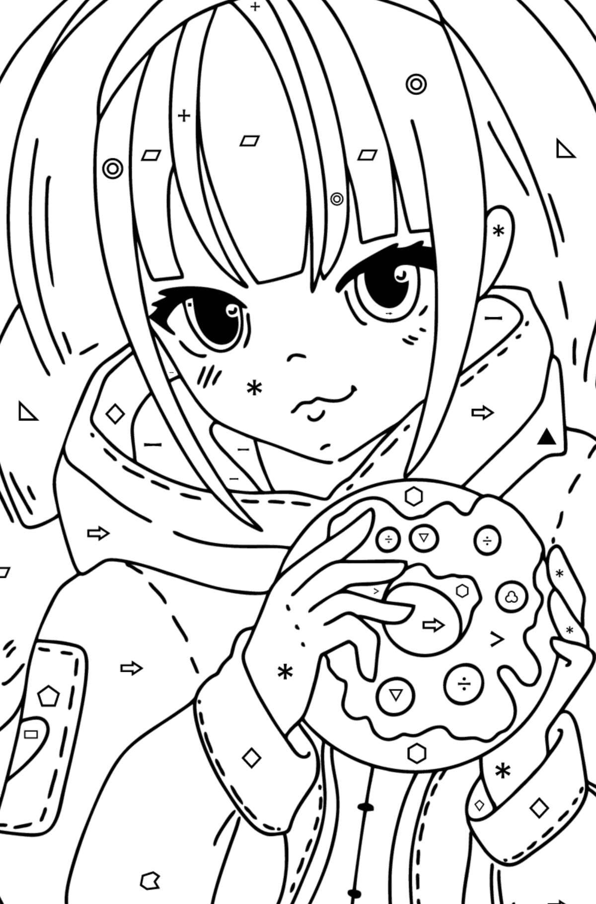 Japanese anime girl coloring page - Coloring by Symbols and Geometric Shapes for Kids