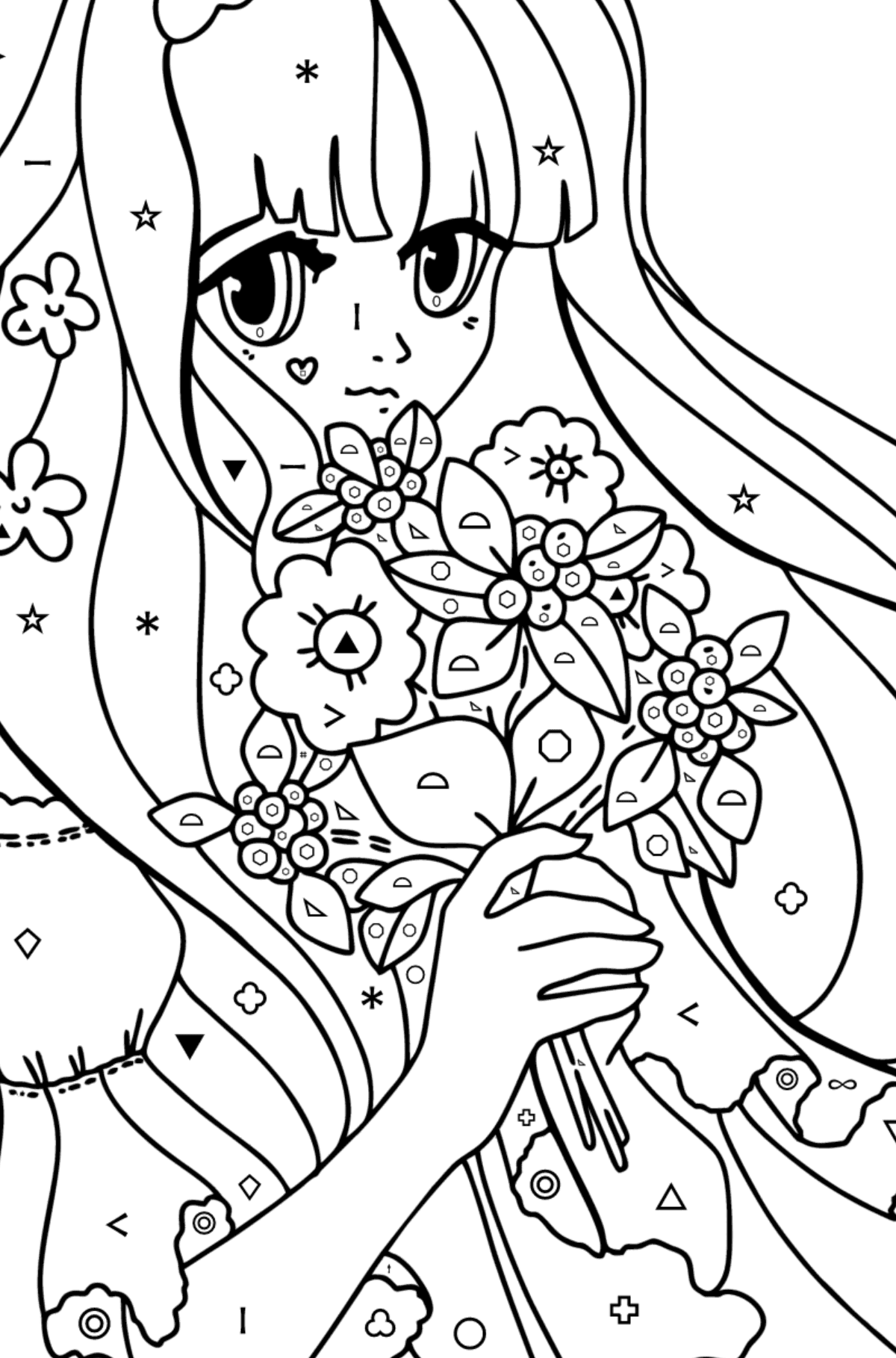 Japanese girl with long hair coloring page - Coloring by Symbols and Geometric Shapes for Kids