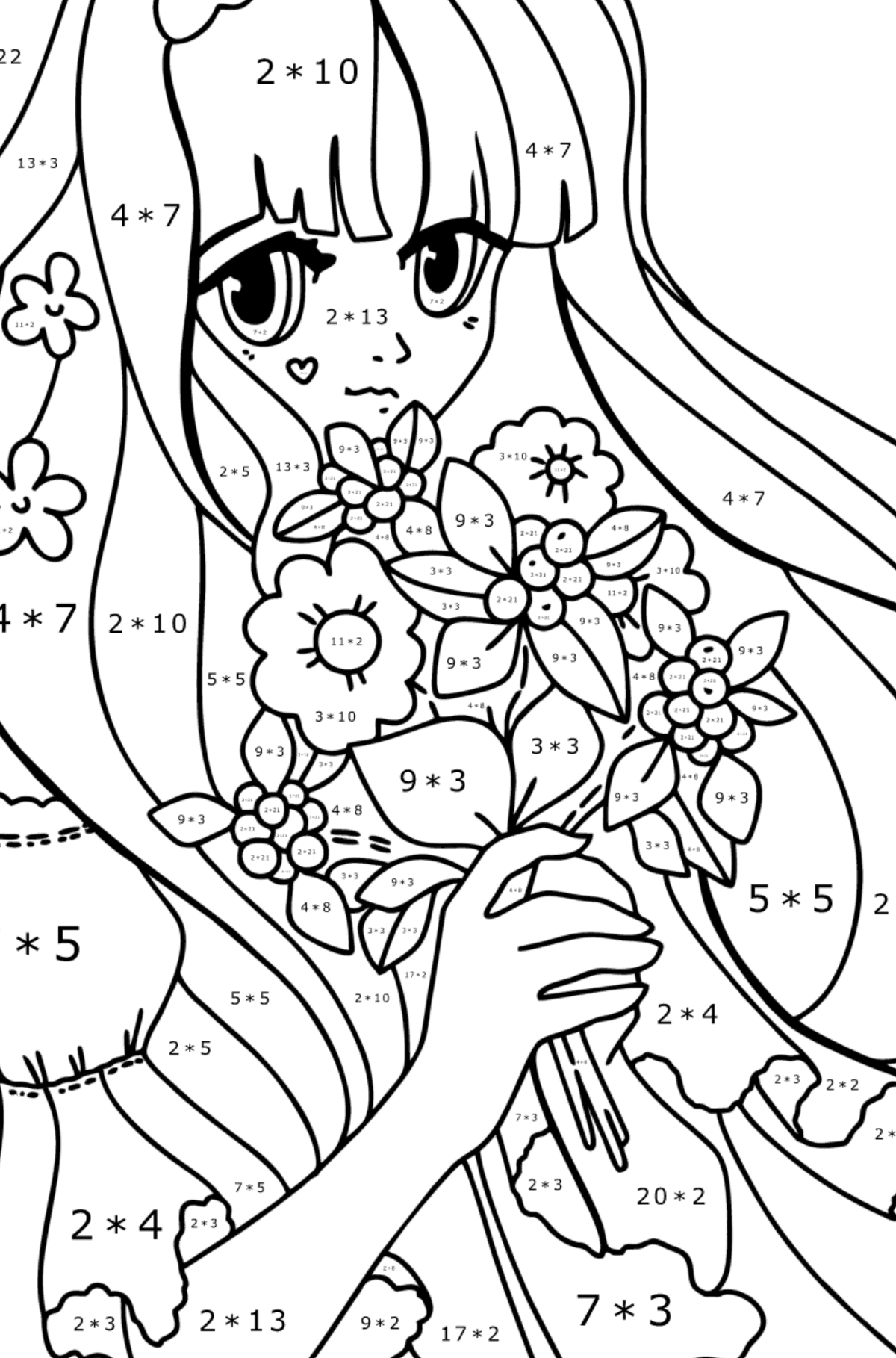 Japanese girl with long hair coloring page - Math Coloring - Multiplication for Kids