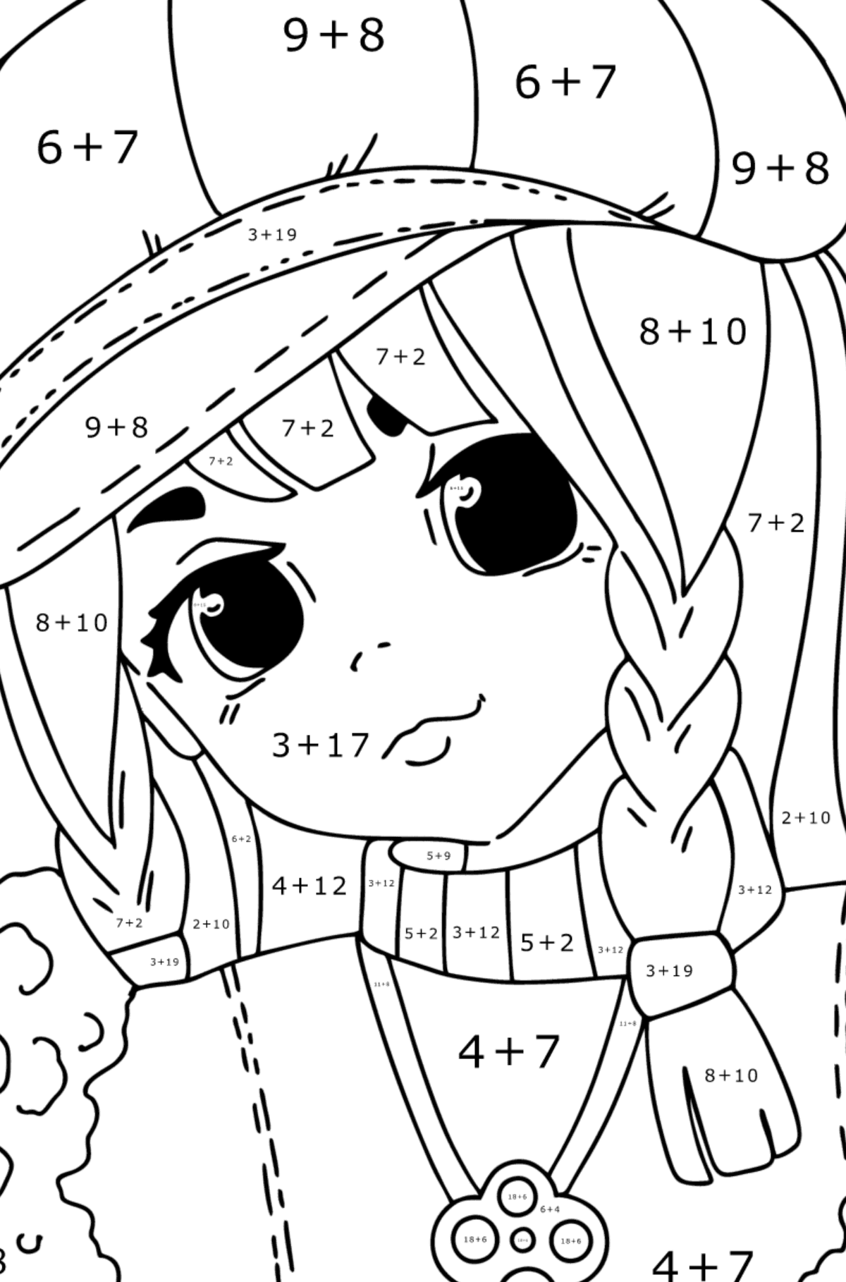Retrato de Anime Adolescente para colorear - Colorear con Matemáticas - Sumas para Niños