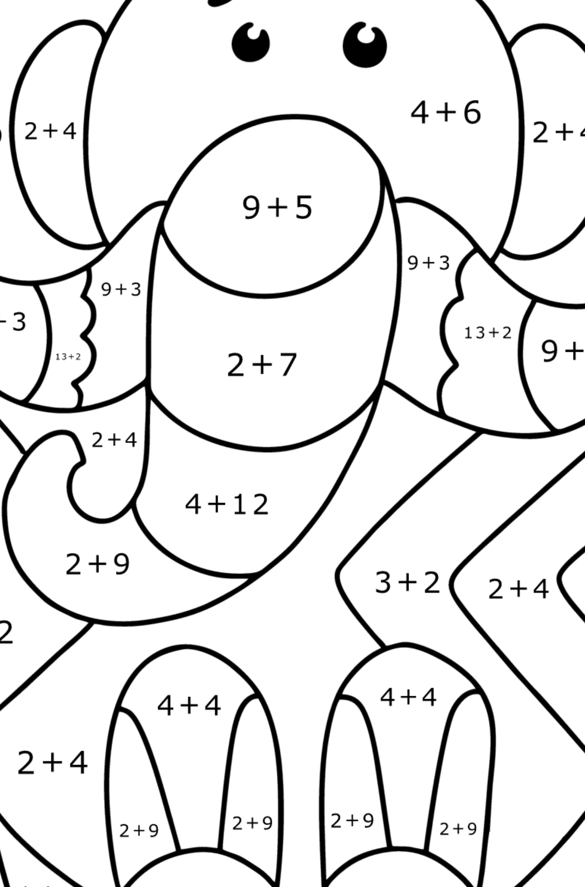 Stressiä estävä norsu värityskuva - Matemaattinen Väritys - Yhteenlasku lapsille