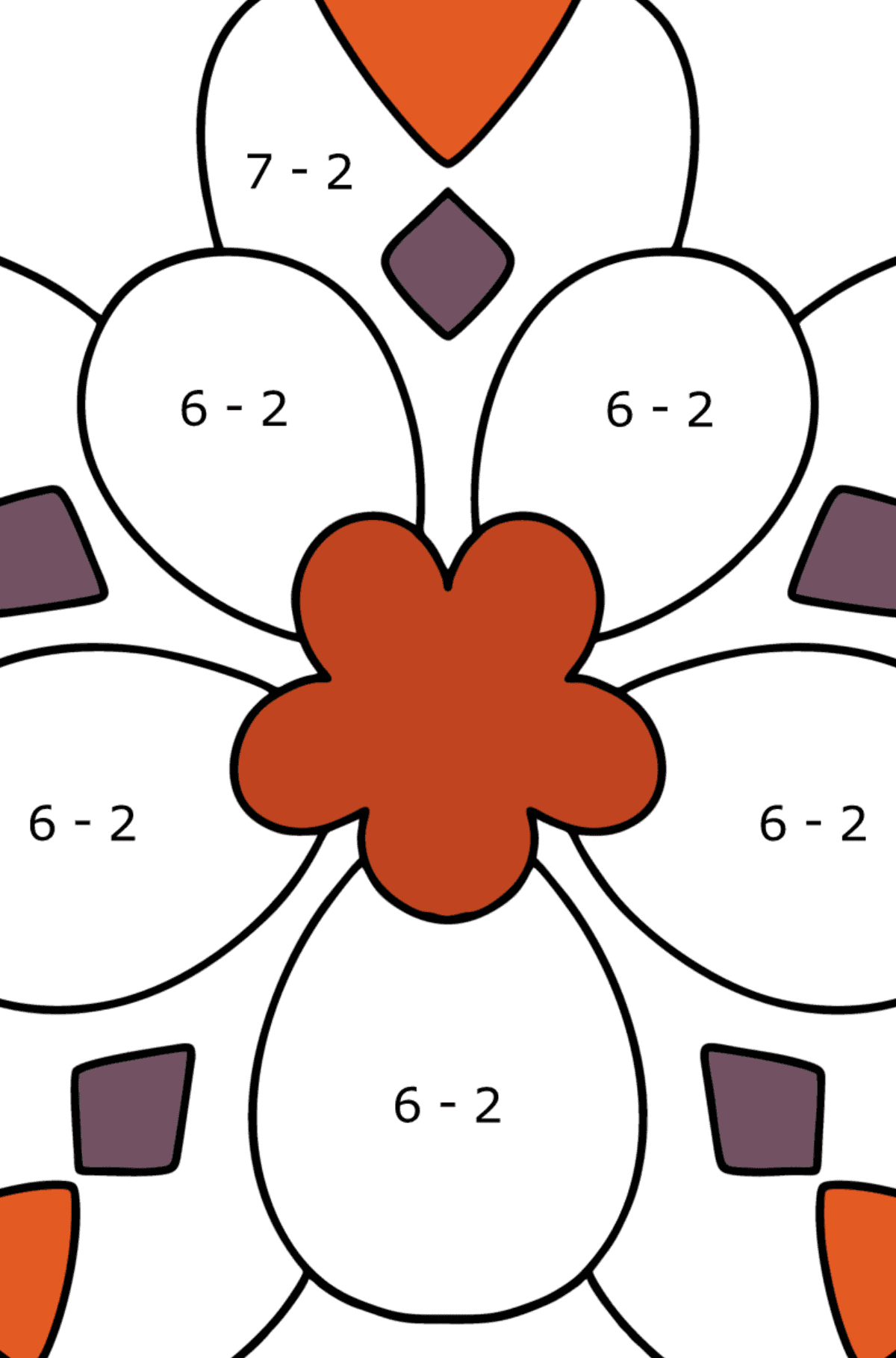 Ausmalbild Mandala Blume für Kinder - Mathe Ausmalbilder - Subtraktion für Kinder