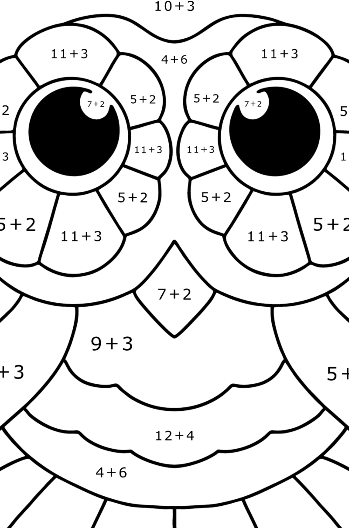 Stressiä lievittävä pöllö värityskuva - Matemaattinen Väritys - Yhteenlasku lapsille
