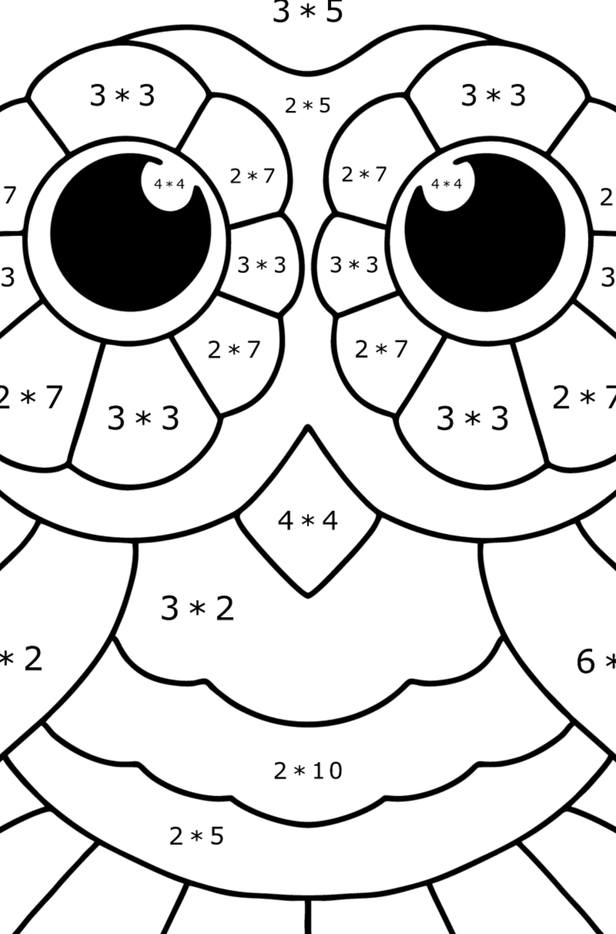 Stressiä lievittävä pöllö värityskuva - Matemaattinen Värityskirja - Kertolasku lapsille
