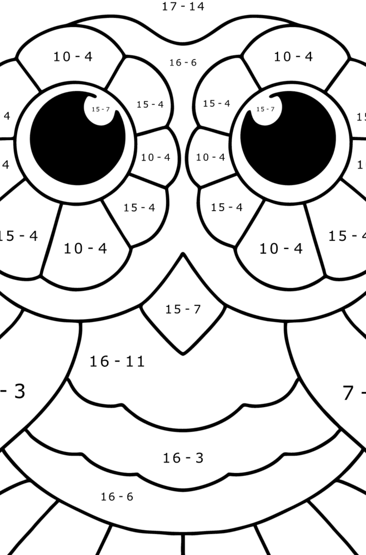 Easy stress relief coloring page - Owl - Math Coloring - Subtraction for Kids