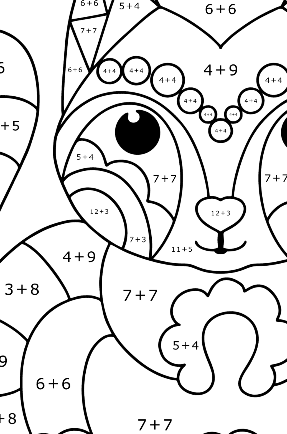 Coloring page Anti stress animals - raccoon - Math Coloring - Addition for Kids