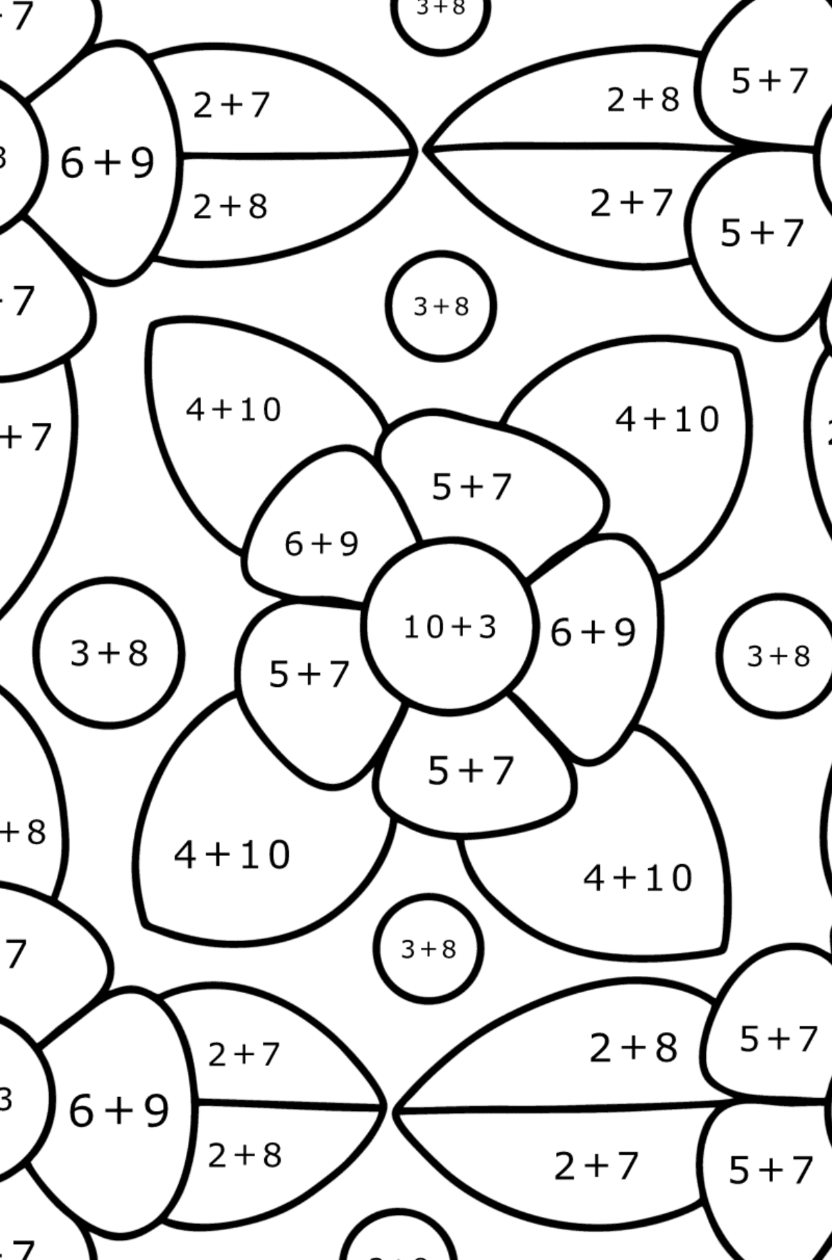 Pola bunga gambaran mewarnai - Pewarnaan Matematika: Pertambahan untuk anak-anak