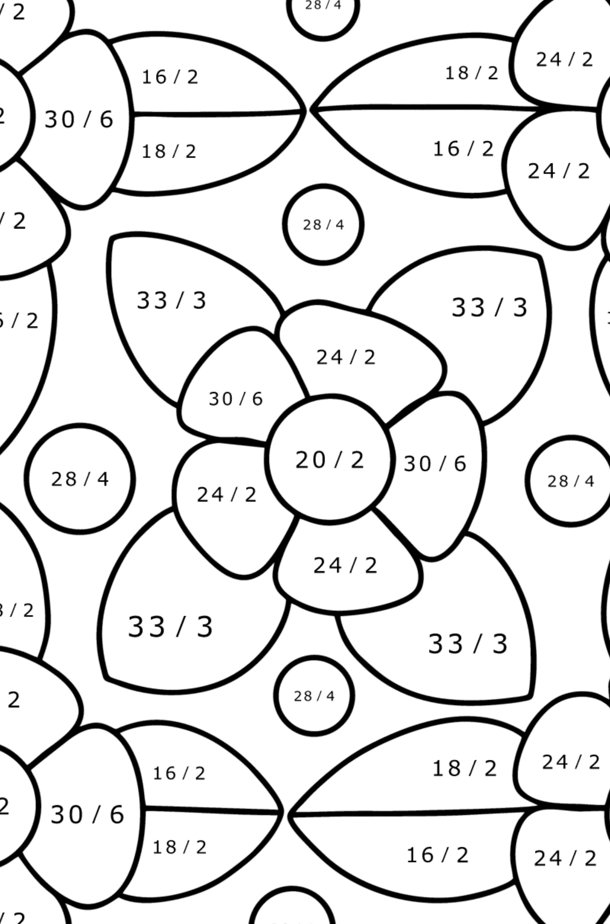Pola bunga gambaran mewarnai - Pewarnaan Matematika: Pembagian untuk anak-anak