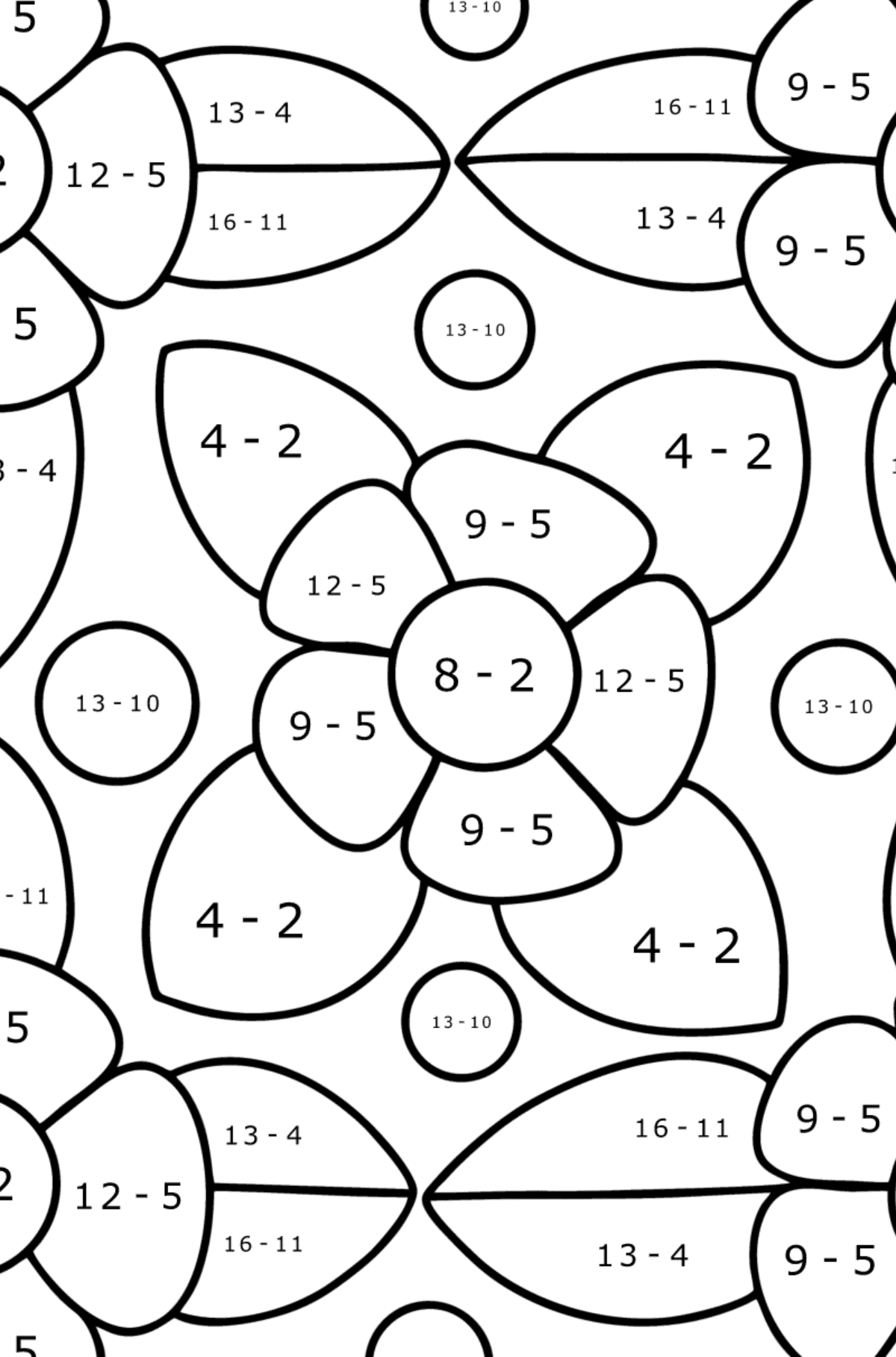 Pola bunga gambaran mewarnai - Pewarnaan Matematika: Pengurangan untuk anak-anak