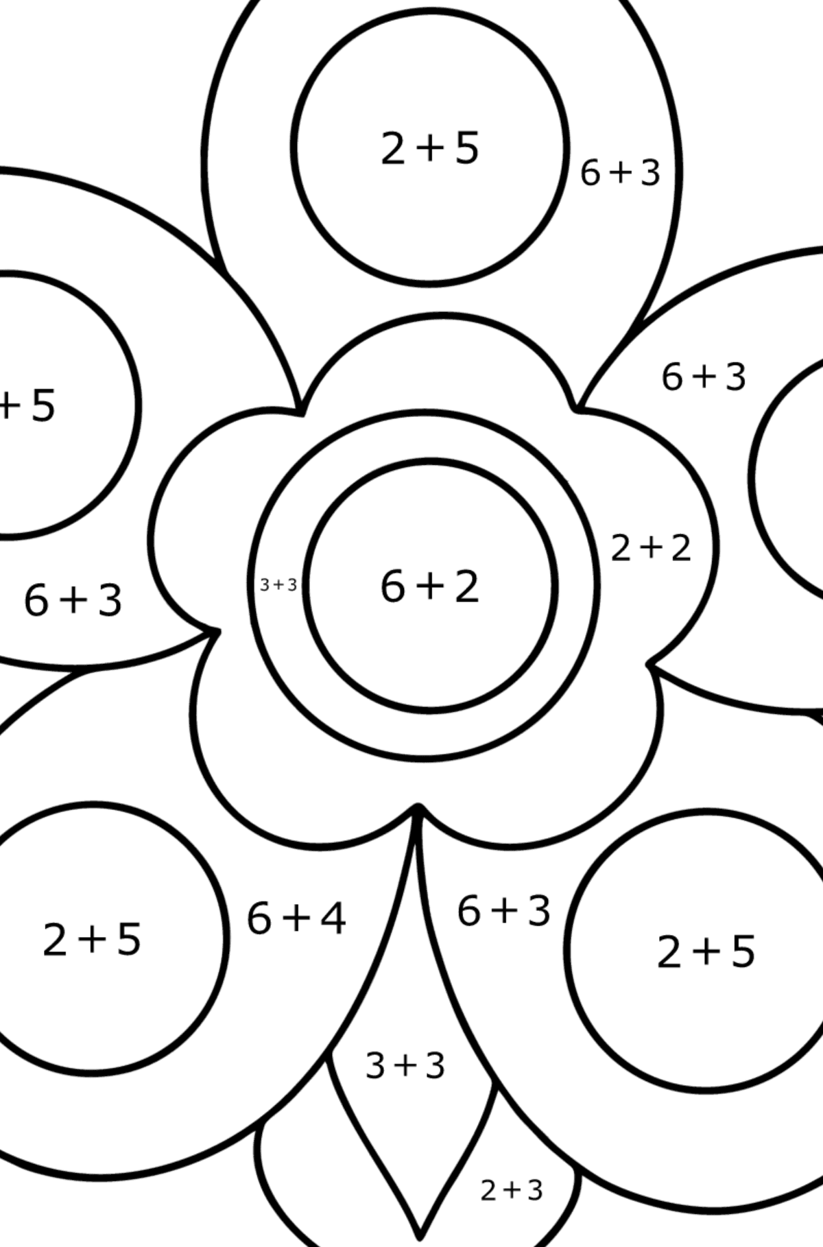 Simple Flower Anti-stress värityskuva - Matemaattinen Väritys - Yhteenlasku lapsille