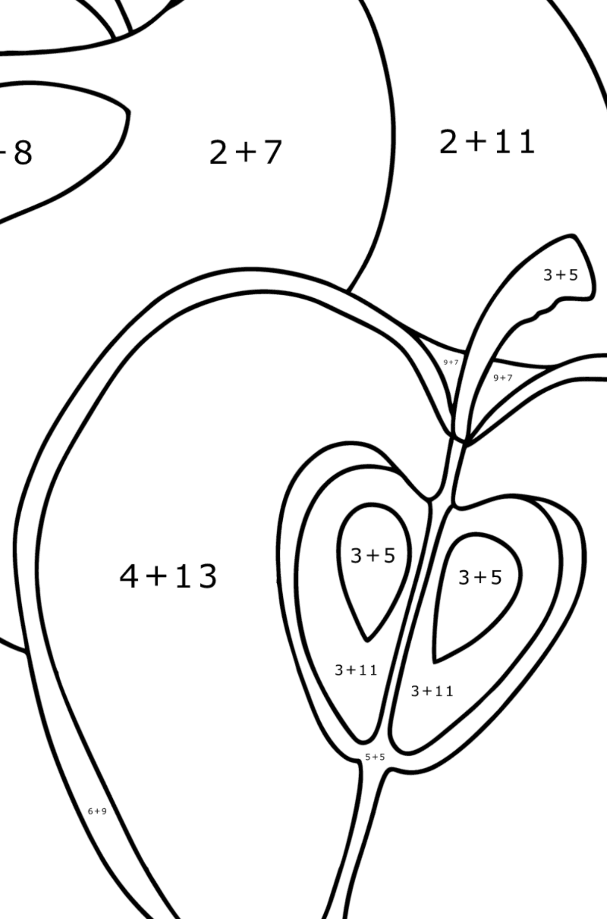 Värityskuva Vihreät omenat - Matemaattinen Väritys - Yhteenlasku lapsille