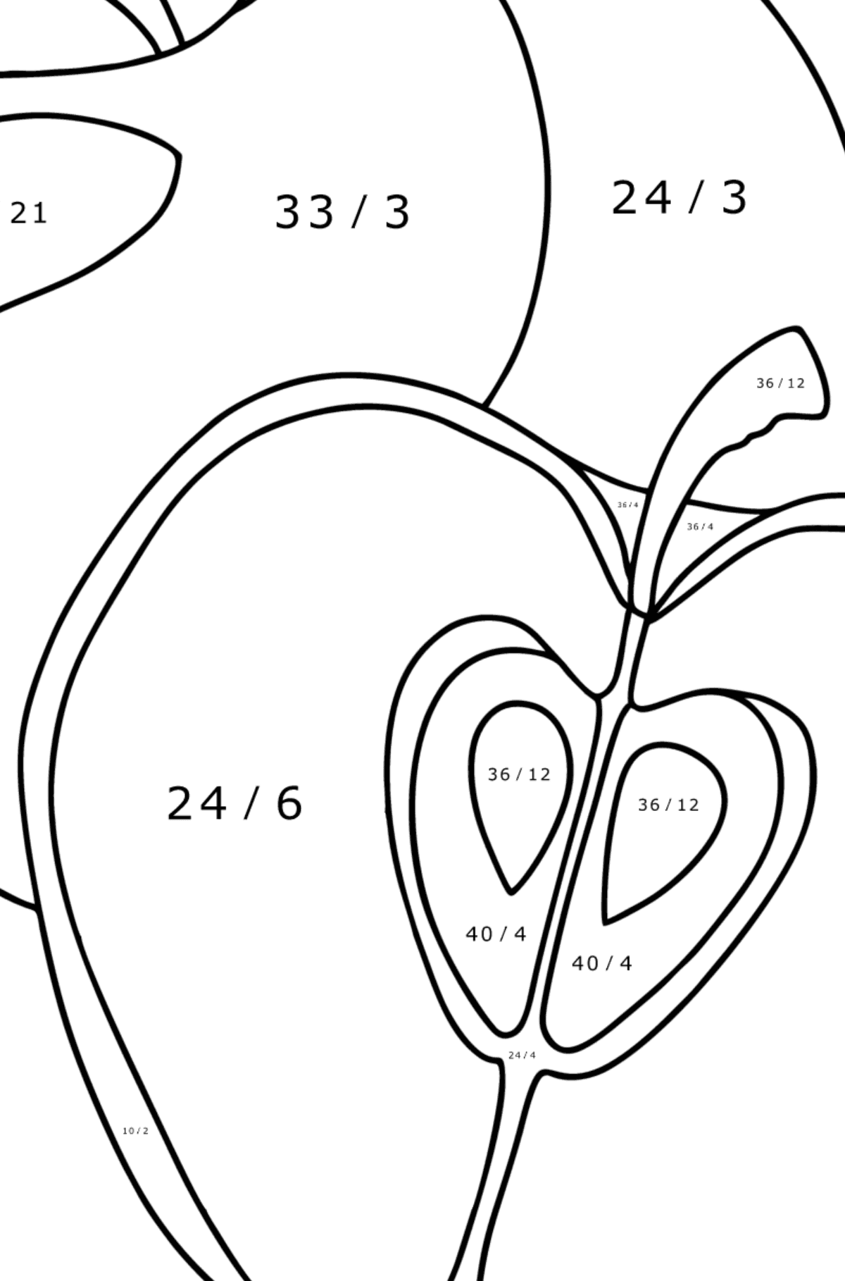 Värityskuva Vihreät omenat - Matemaattinen Värityslasku - Jakolasku lapsille