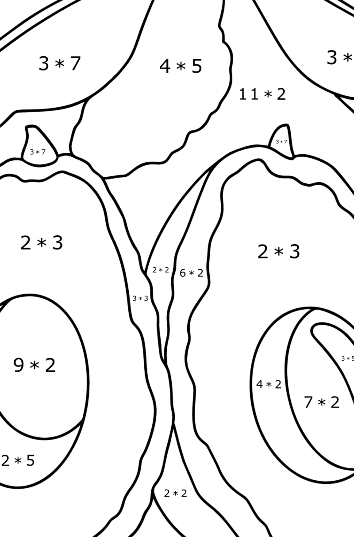 Розмальовка Авокадо на гілці - Математична Розмальовка Множення для дітей