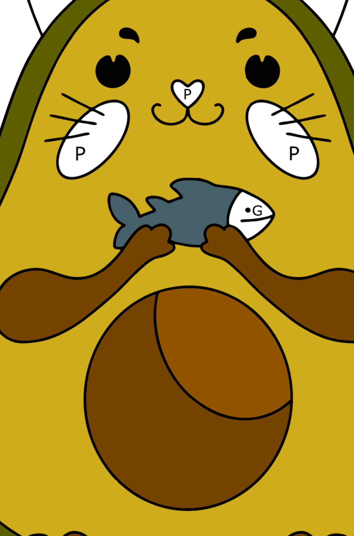 Avocado-Katze ausmalbild - Ausmalen nach Buchstaben für Kinder