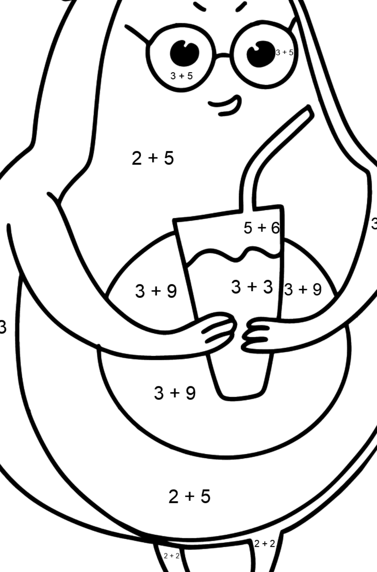 Ausmalbild Avocado mit leckerem Getränk - Mathe Ausmalbilder - Addition für Kinder