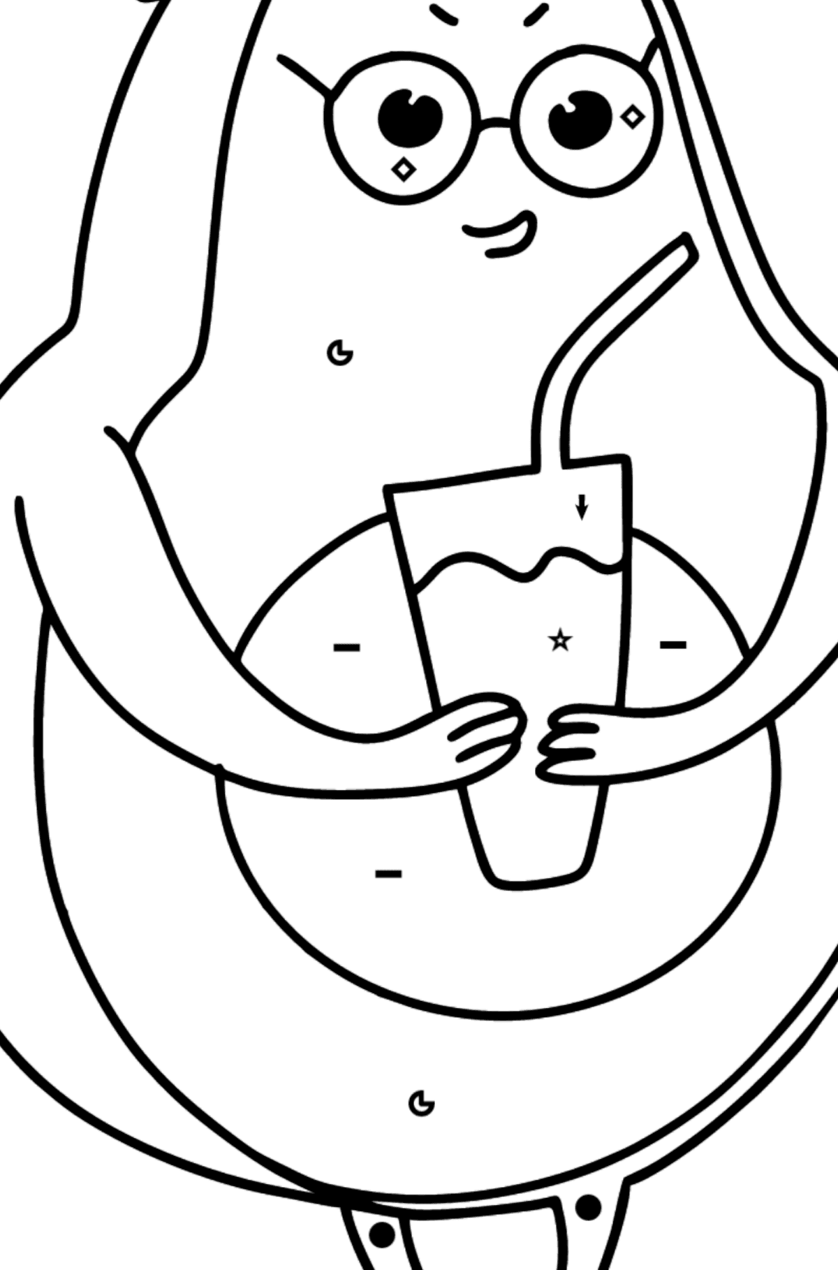 Ausmalbild Avocado mit leckerem Getränk - Ausmalen nach Symbolen für Kinder