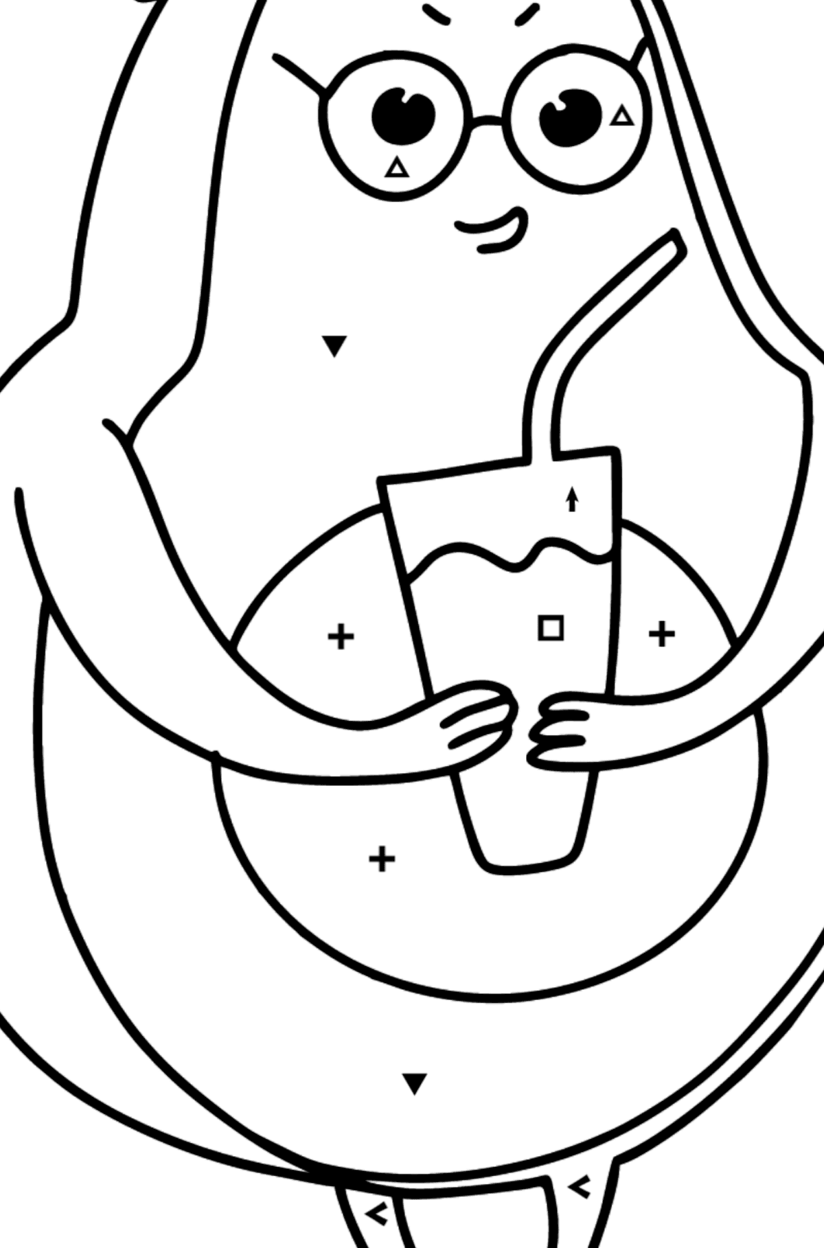 Ausmalbild Avocado mit leckerem Getränk - Ausmalen nach Symbolen für Kinder