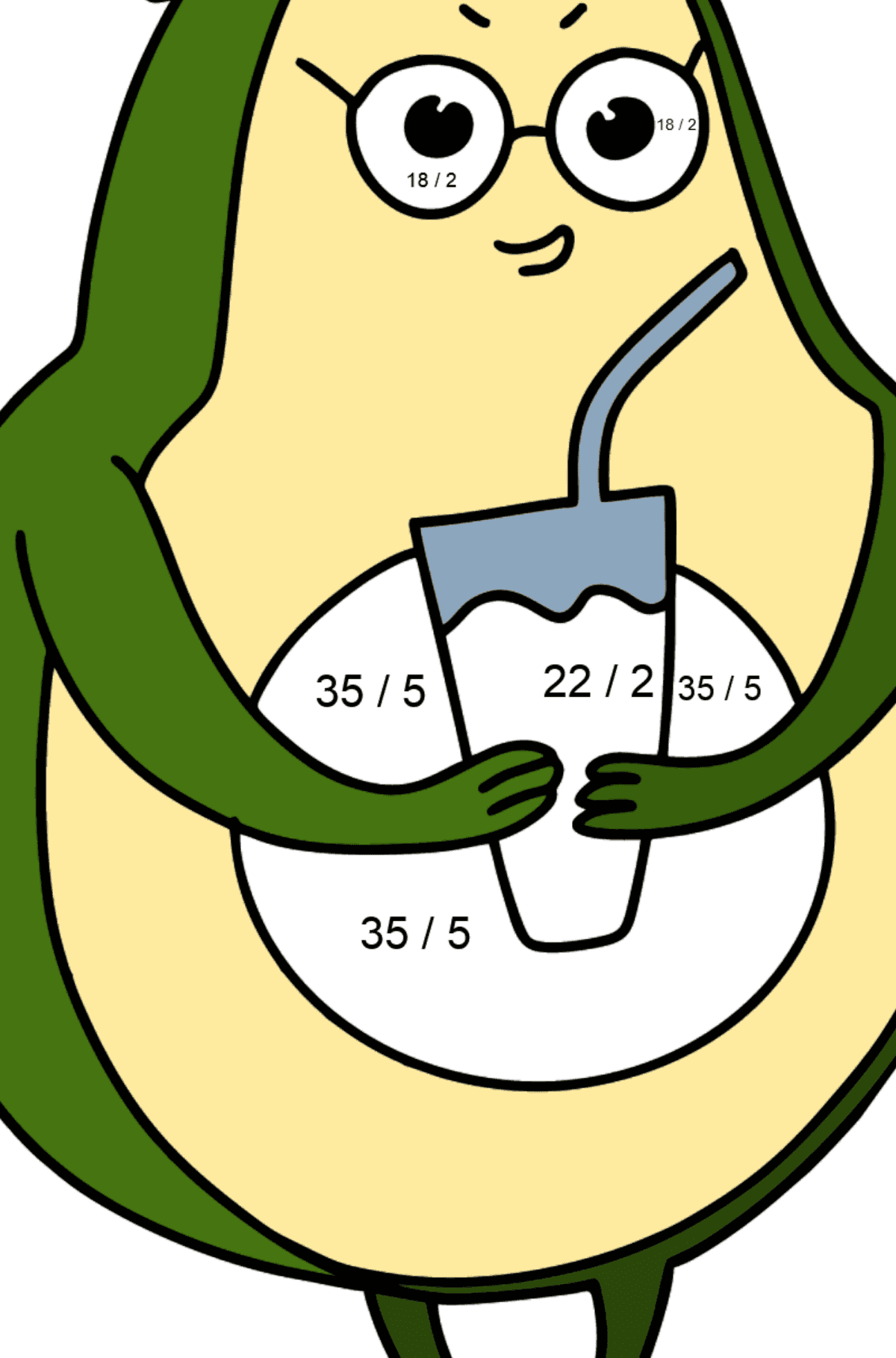 Ausmalbild Avocado mit leckerem Getränk - Mathe Ausmalbilder - Division für Kinder