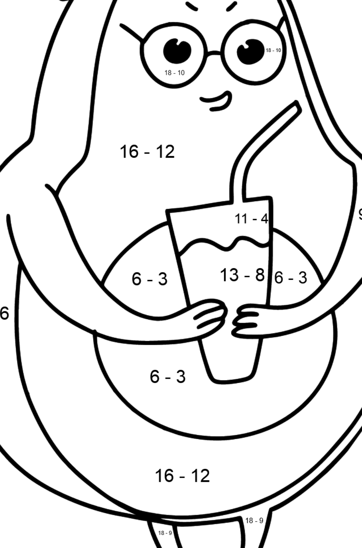 Ausmalbild Avocado mit leckerem Getränk - Mathe Ausmalbilder - Subtraktion für Kinder