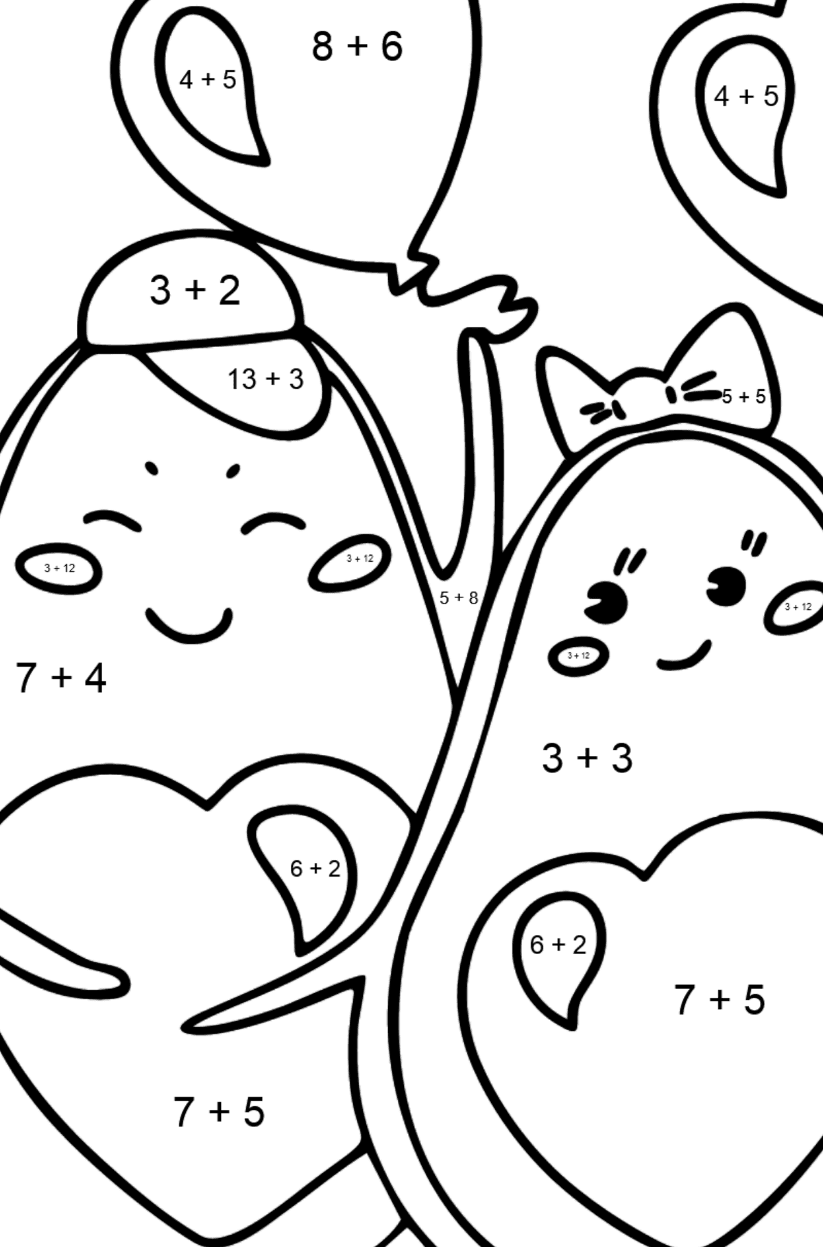 Ausmalbild Avocado in der Liebe - Mathe Ausmalbilder - Addition für Kinder