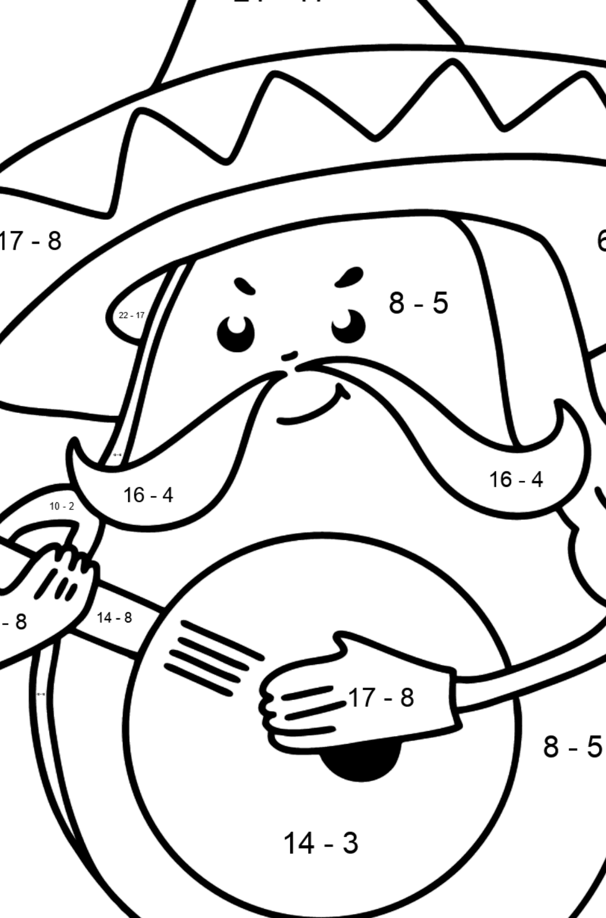 Dibujo de Aguacate en Sombrero para colorear - Colorear con Matemáticas - Restas para Niños
