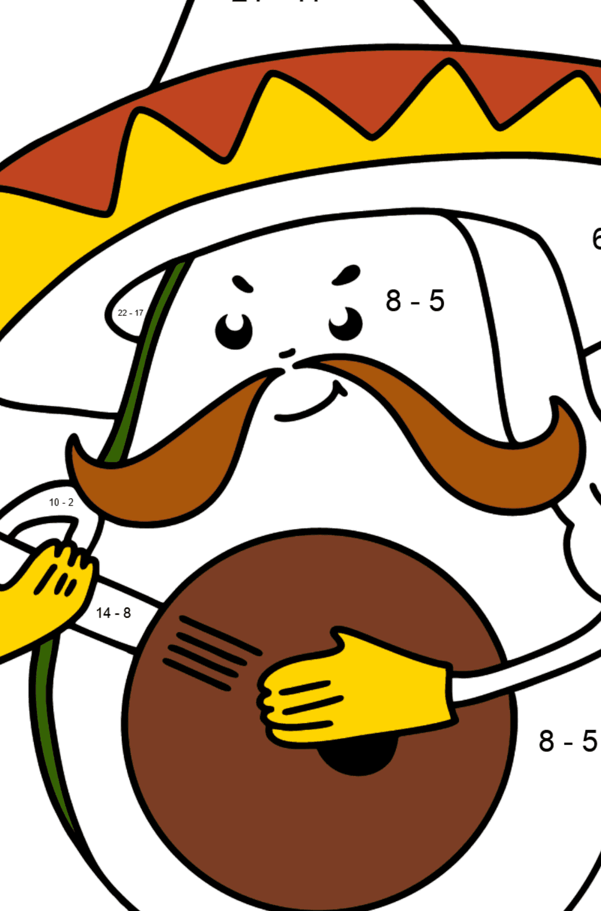 Ausmalbild Avocado im Sombrero! - Mathe Ausmalbilder - Subtraktion für Kinder